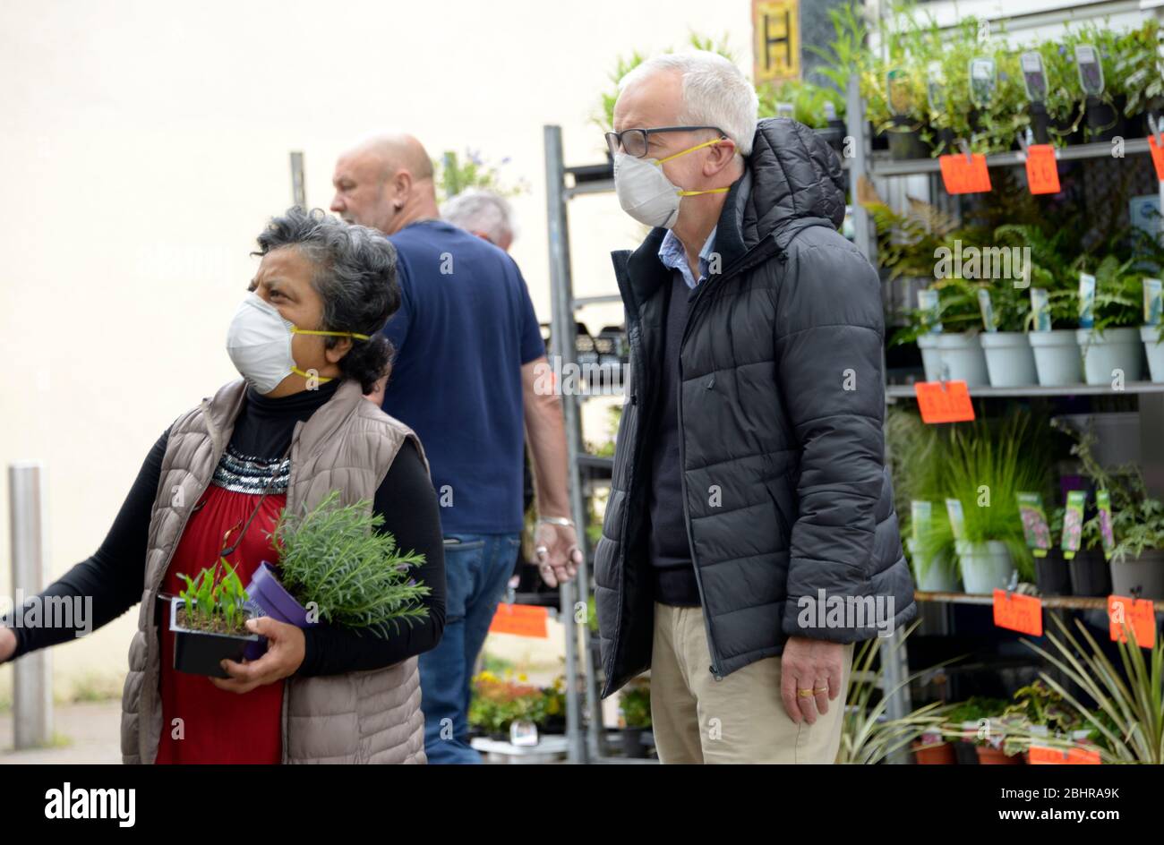 Senioren, in Masken während Corona Virus sperren, Pflanzen wählen. Stockfoto