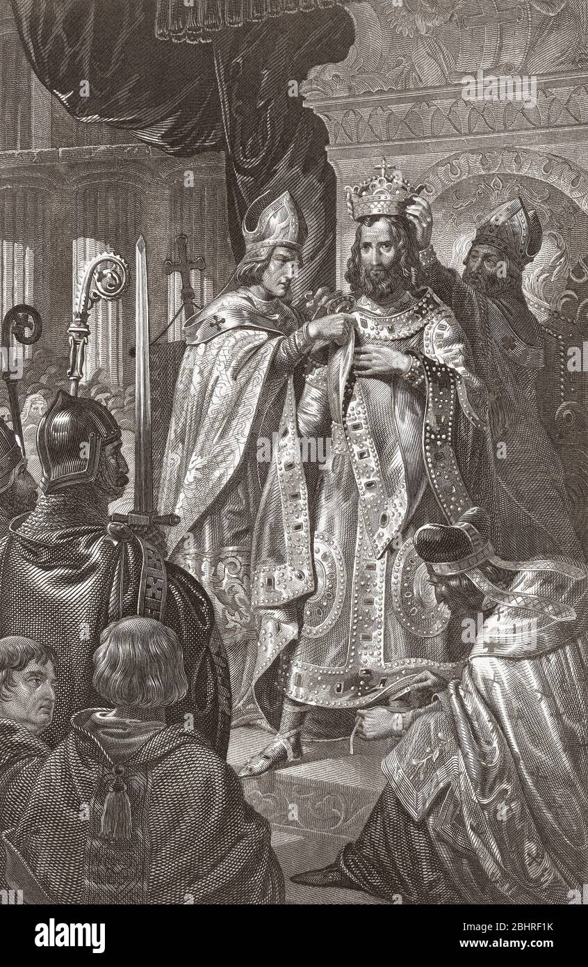 Baldwin I. krönte den König von Jerusalem in der Geburtskirche von Bethlehem, am 25. Dezember 1100. Nach einem Stich eines anonymen Künstlers aus dem 19. Jahrhundert. Stockfoto