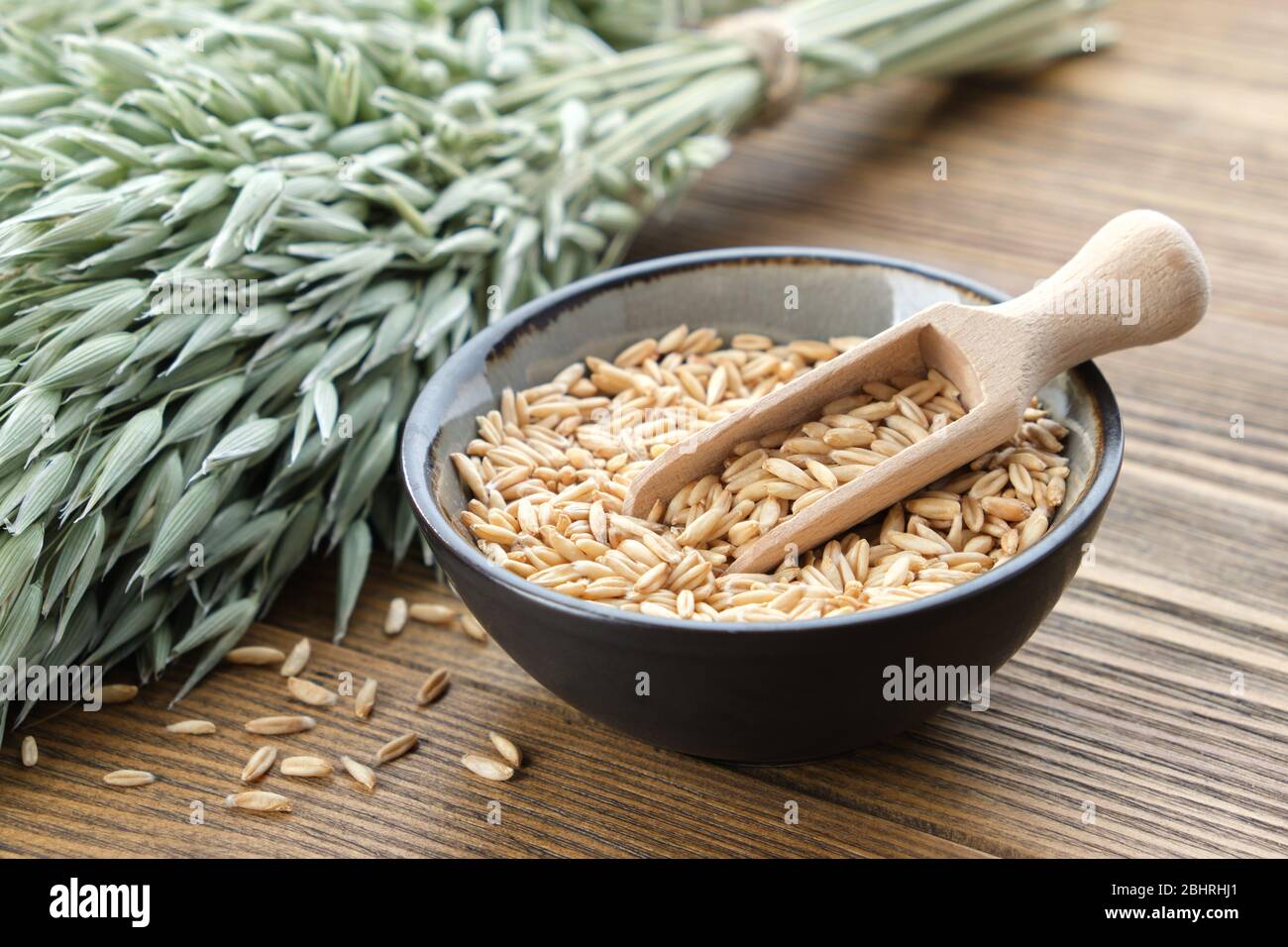 Schale mit Haferkörnern und grünen Haferohren auf Holztisch. Stockfoto