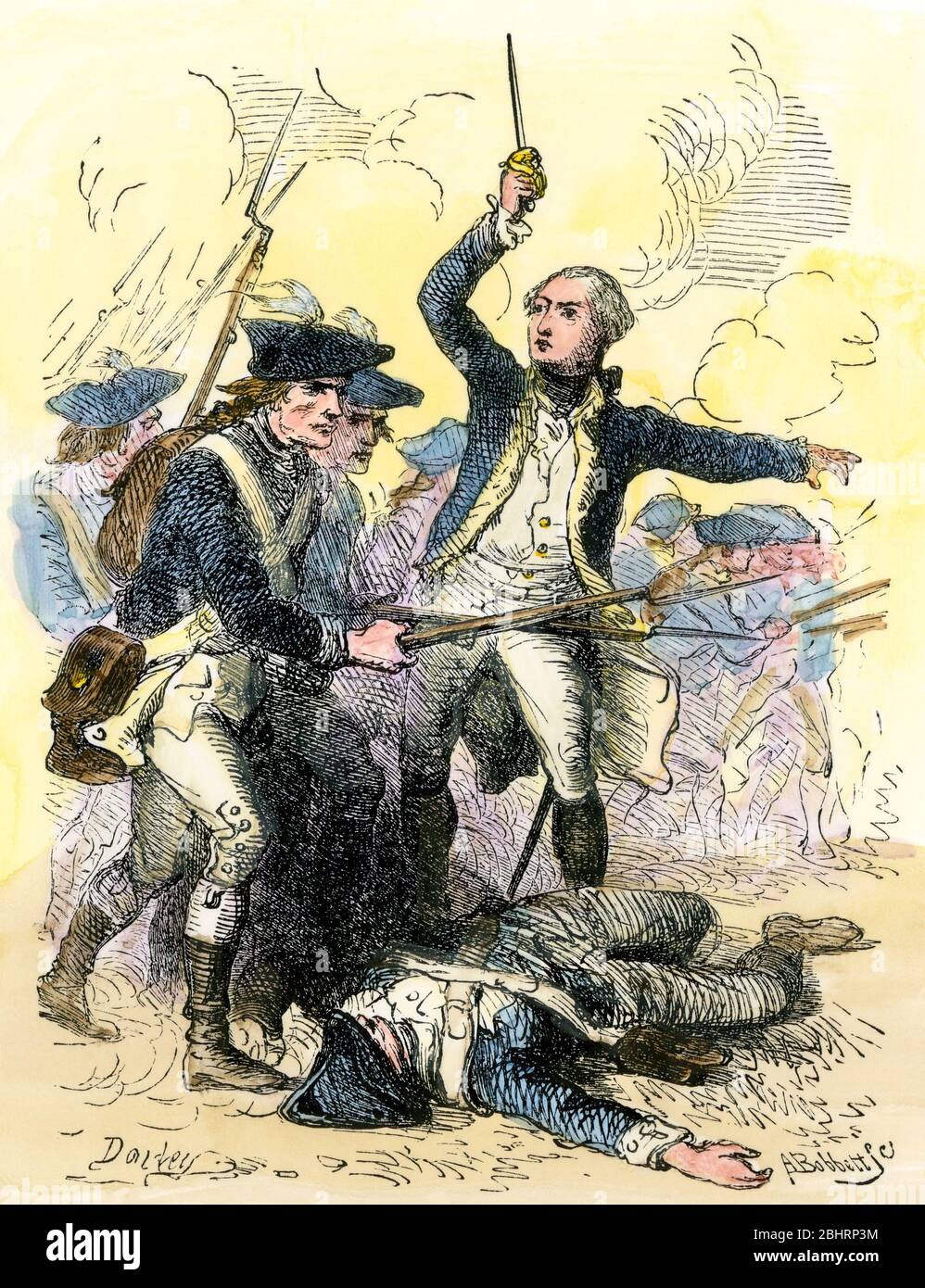 General Washington, der amerikanische Truppen bei Brandywine, 1777. Handkolorierter Holzschnitt einer Darley-Illustration Stockfoto