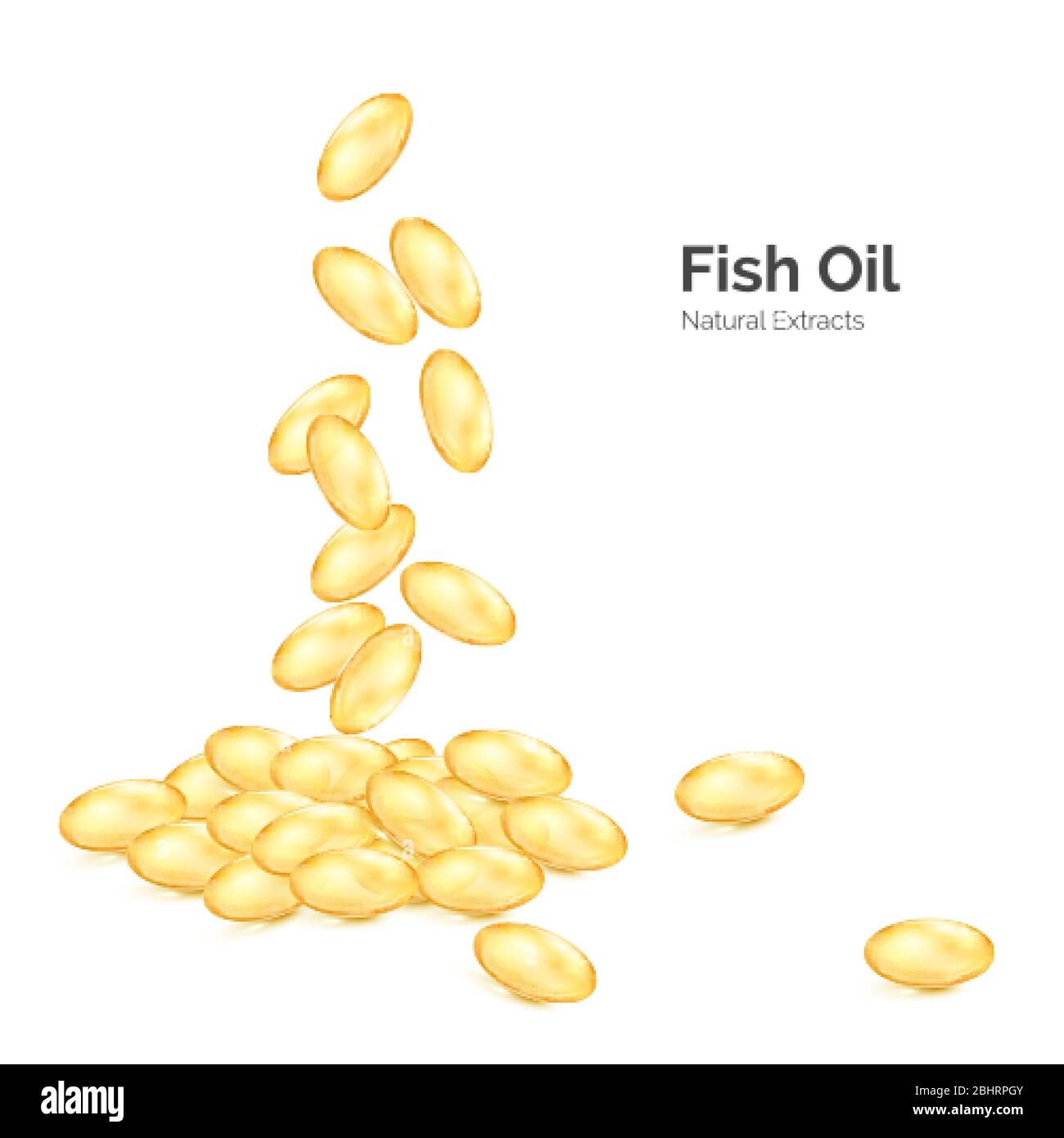 Fischöl Omega 3. Transparente Kapseln mit Nahrungsergänzungsmittel. Gefallene Pillen gelbe Farbe. Vektorgrafik isoliert auf weiß Stock Vektor