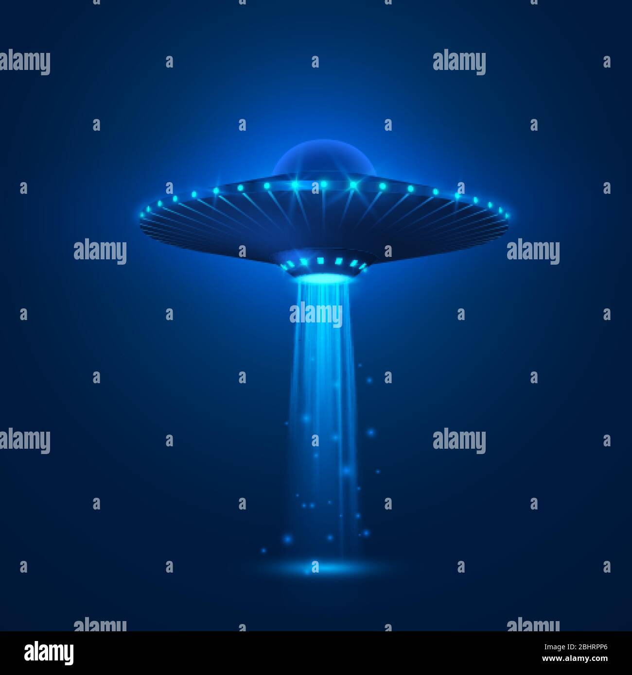 UFO mit Lichtstrahl fliegen in Nachthimmel. Alien Invasion. Sci-Fi-Konzept. Vektorgrafik Stock Vektor