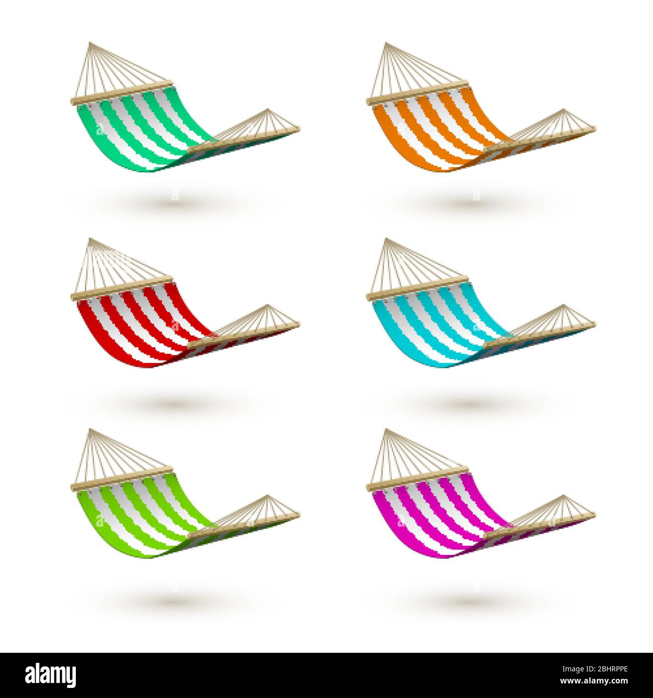 Satz von colorfuk Hängemattenvorlage. Gestreifte Hängematten. Camping oder Picknick Entspannung. Tourismus oder Urlaubskonzept. Vektorgrafik Stock Vektor