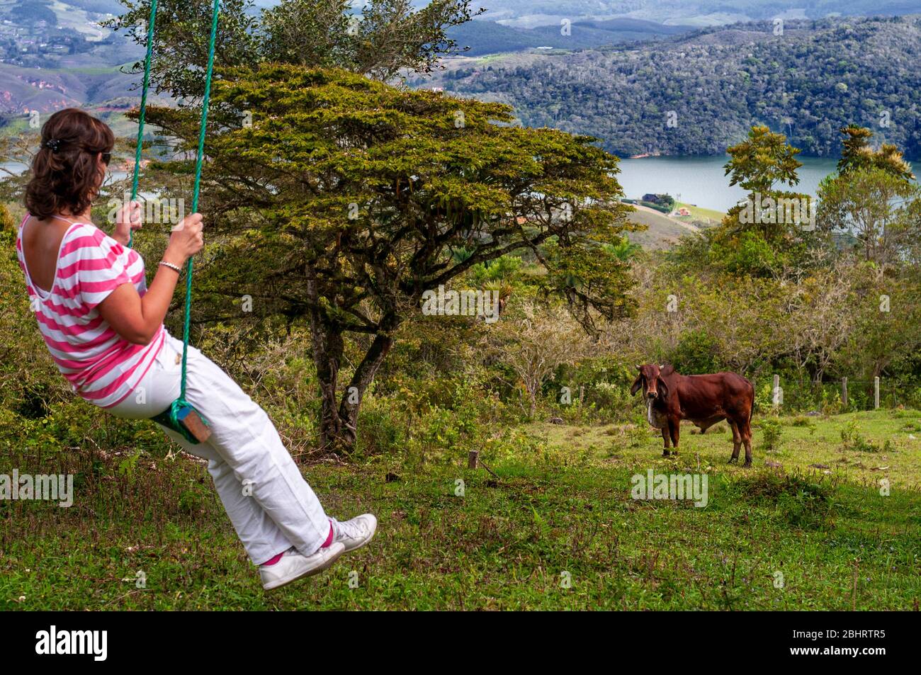 Swing in Calima Lake in Darien im Cauca-Tal, Kolumbien, Südamerika. Calima ist der größte künstliche See in Kolumbien mit einer Fläche von 70 km2 Stockfoto