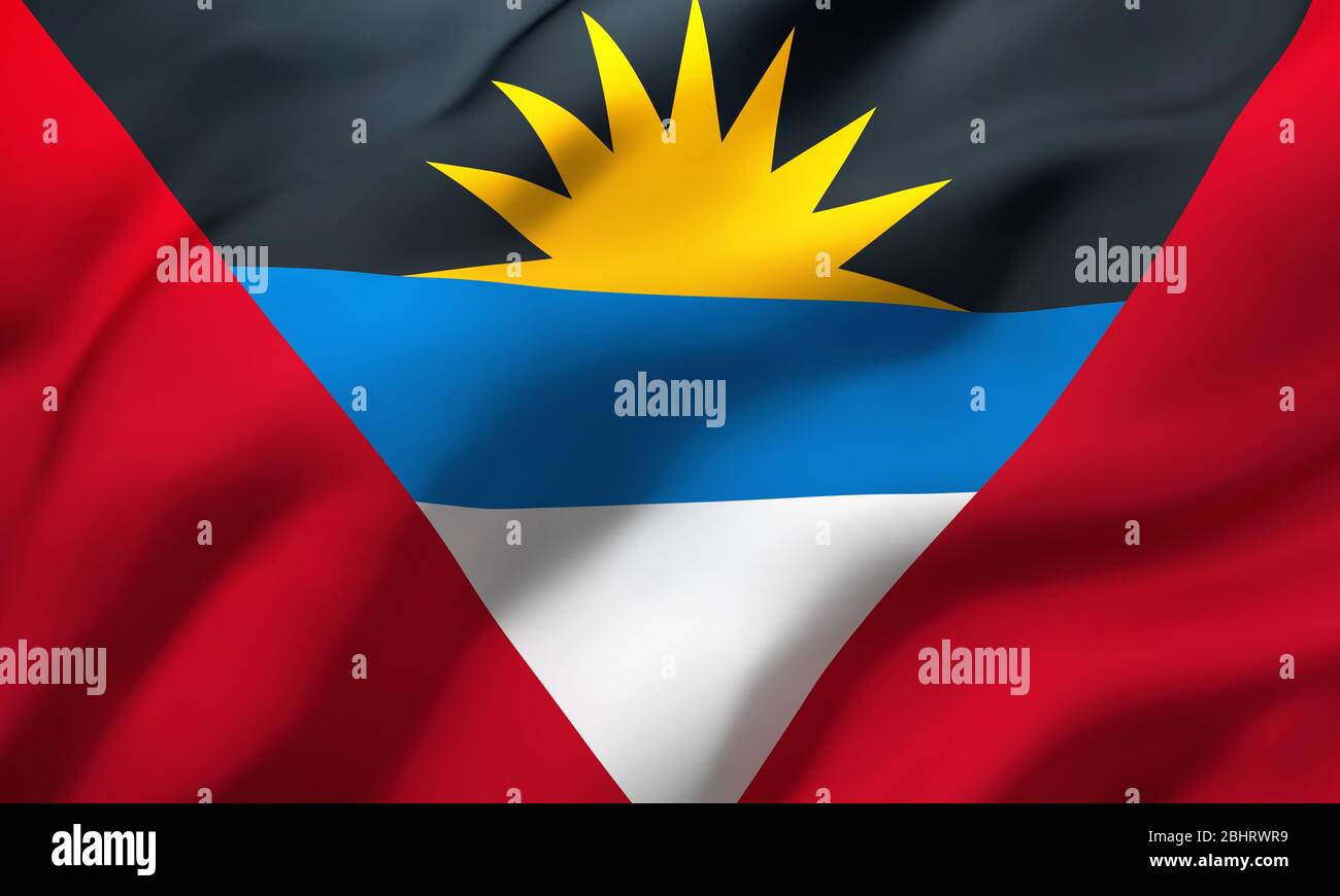 Flagge von Antigua und Barbuda weht im Wind. Ganze Seite Antiguanische Flagge. 3D-Darstellung. Stockfoto