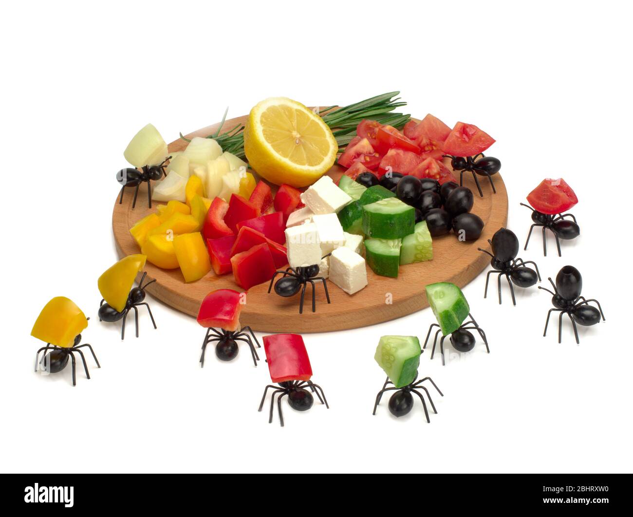 Lustige Ameisen sammeln Zutaten für griechischen Salat Stockfoto