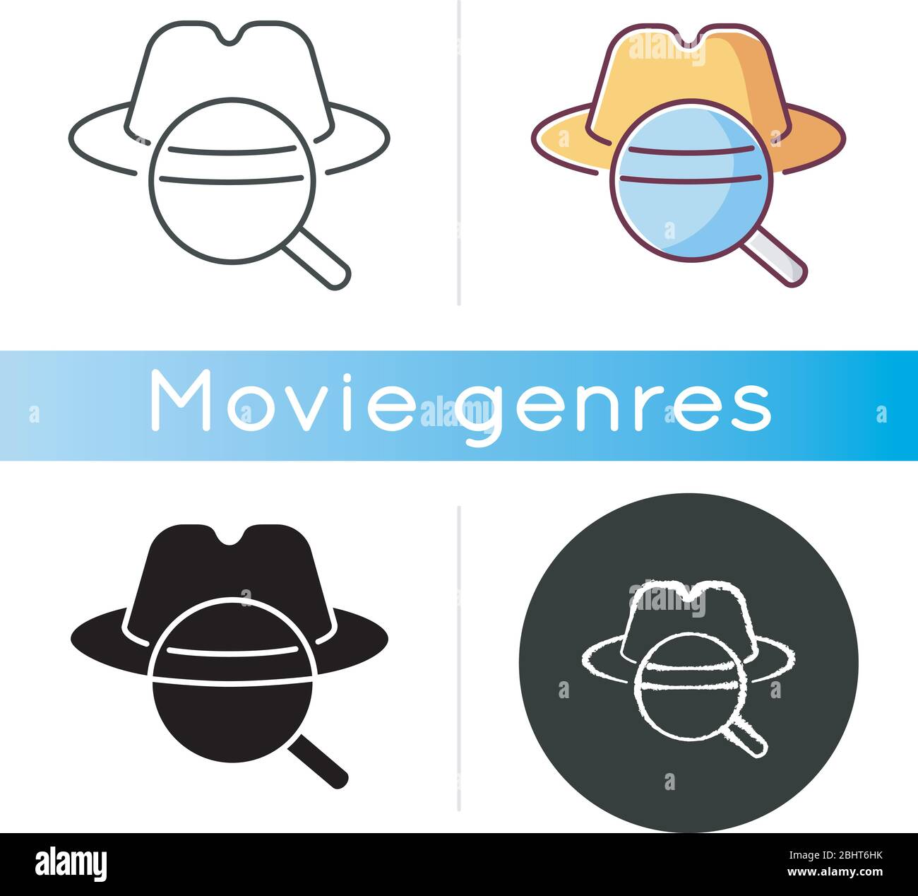Detektivsymbol. Lineare Schwarz- und RGB-Farbstile. Traditionelles Filmgenre, klassischer Noir-Film. Mord Geheimnis, Kriminaluntersuchung. Filzhut und Stock Vektor