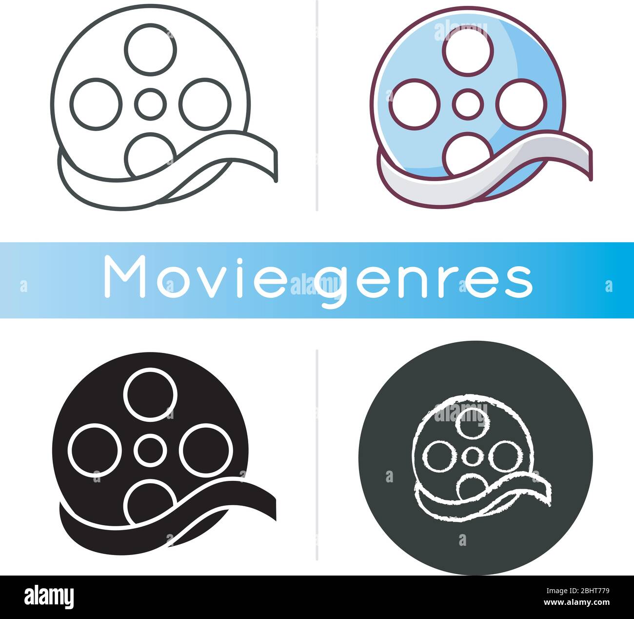 Symbol für Dokumentarfilme. Lineare Schwarz- und RGB-Farbstile. Gemeinsame Film Genre, Film-Kategorie. Historische Biopic. Biographische, nicht fiktive Geschichte Stock Vektor