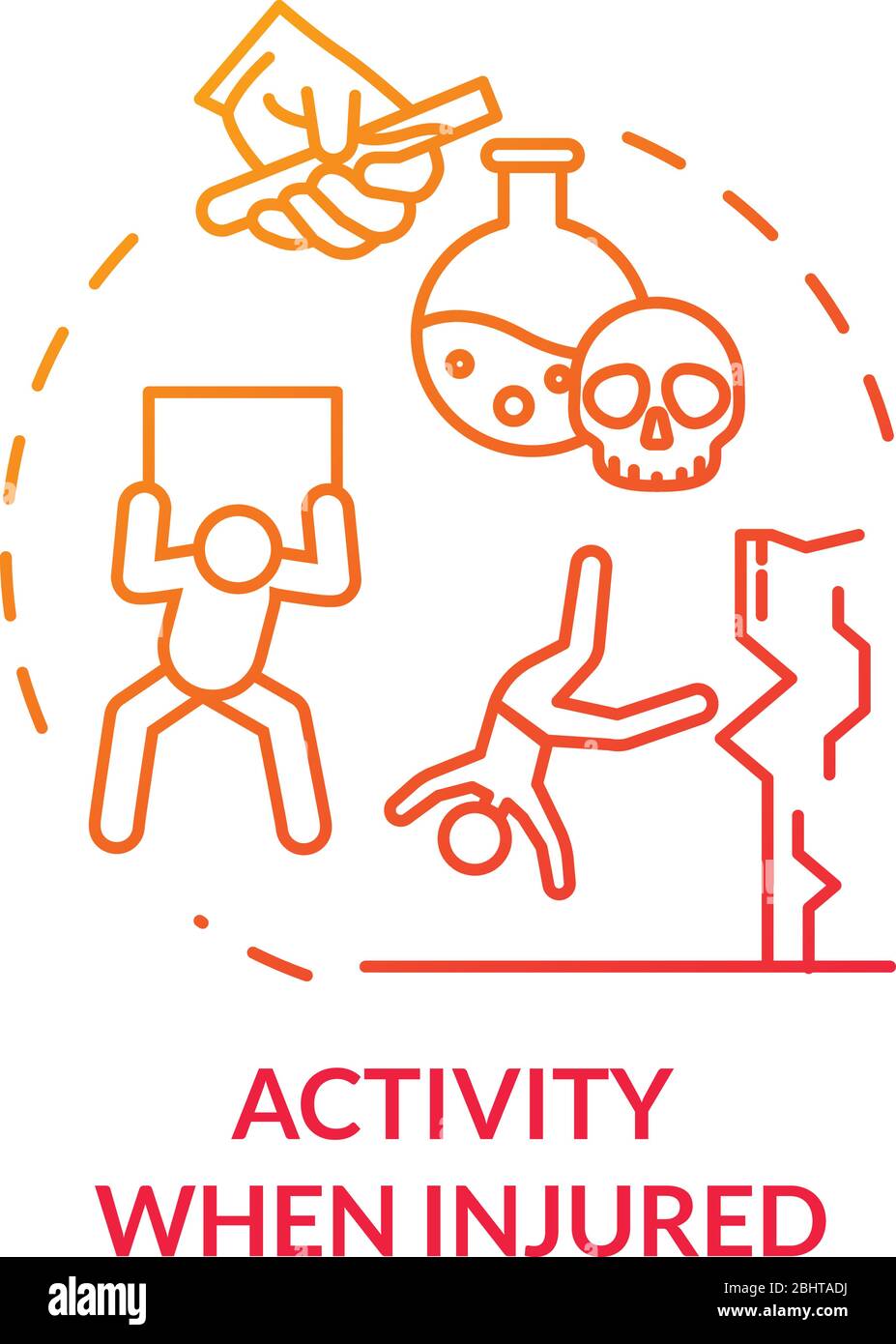 Symbol für Aktivität bei Verletzung, gefährliche Arbeit und Sportkonzept. Unsichere Arbeitsbedingungen, Selbstmord, Widrigkeiten dünne Linie Illustration. Vektor isoliert Stock Vektor