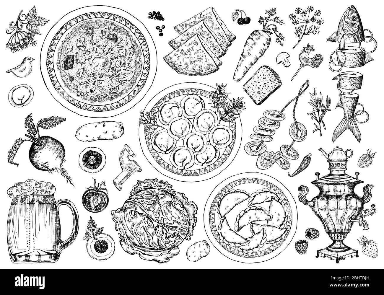 Traditionelle russische Küche. Knödel und Borscht in einem Teller und Würze. Moskauer Küche. Samowar und Pfannkuchen, Fisch in Scheiben geschnitten. Handgezeichnete Skizze Stock Vektor