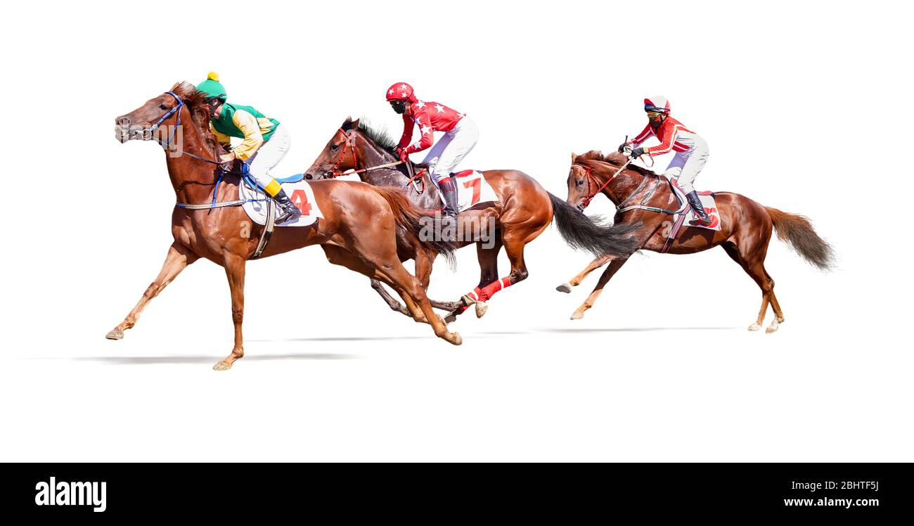 Drei Jockey Pferderennen isoliert auf weißem Hintergrund Stockfoto