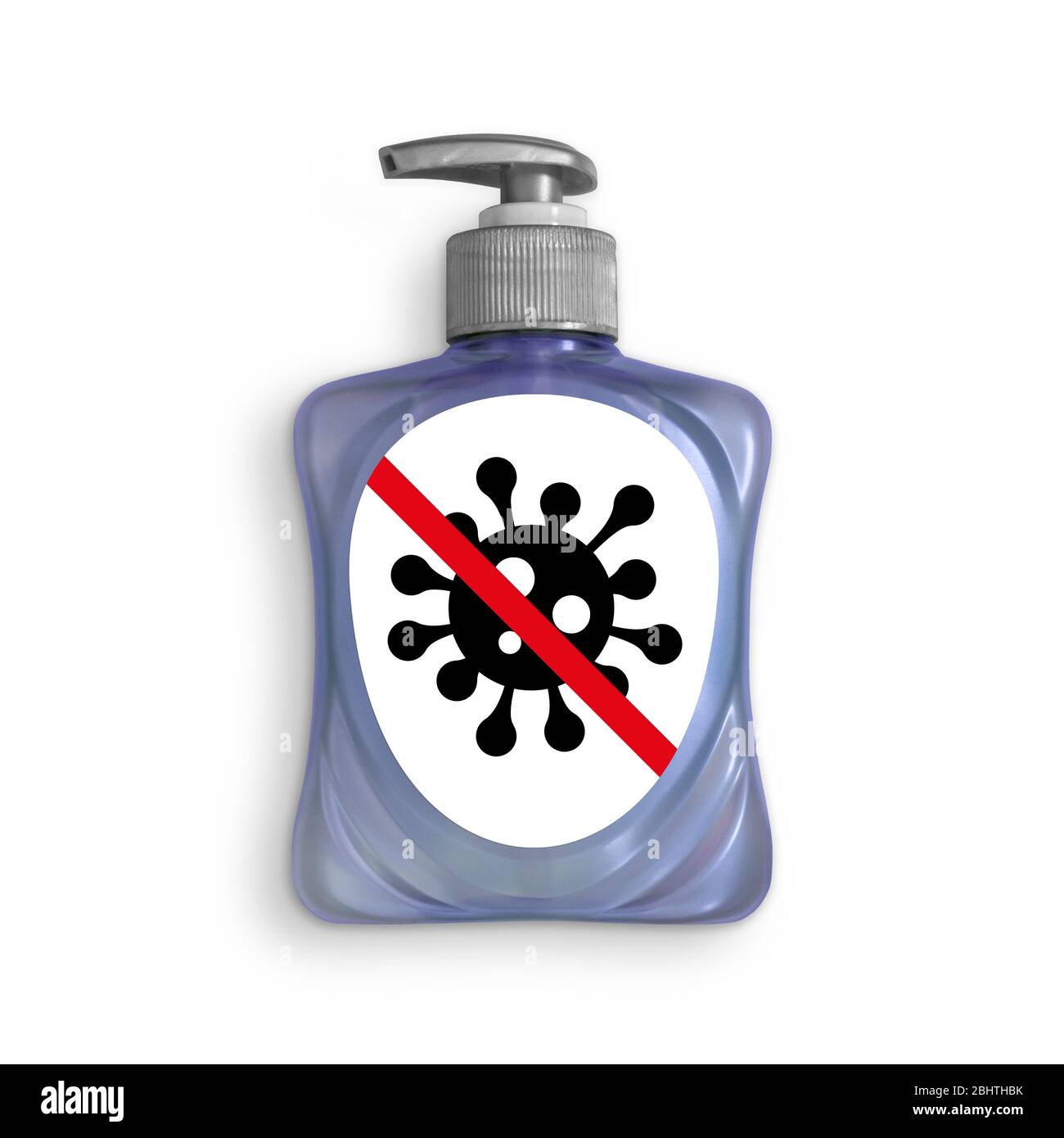 Händedesinfektionsmittel, Waschgel, Flüssigseife, Alkohol reiben, Pumpe Flasche Spender aus nächster Nähe, isoliert mit einem Stop-Kill-Coronavirus-Symbol auf dem Etikett Stockfoto