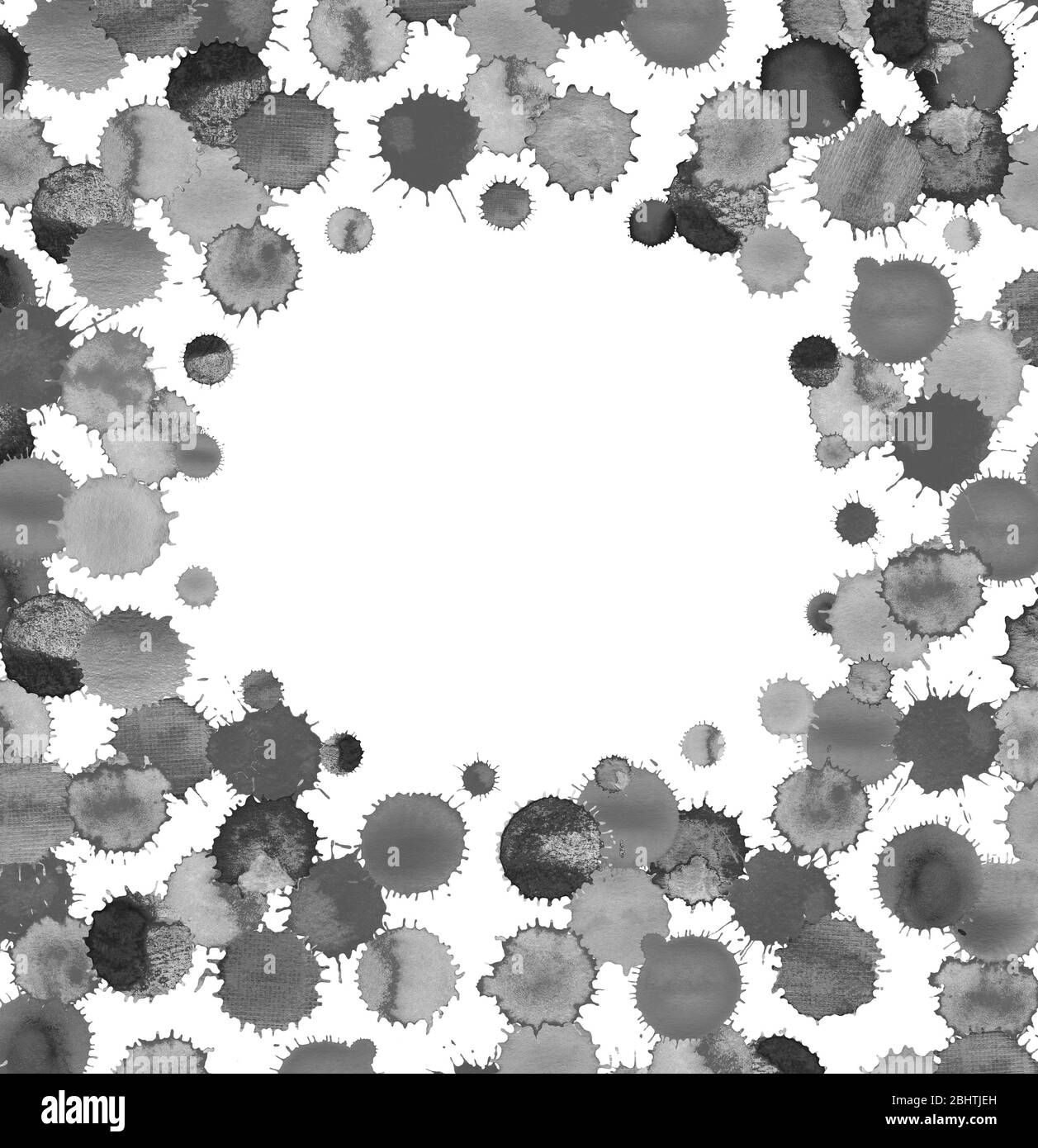 Schwarzes abstraktes Designelement. Flecken und Tropfen Rahmen isoliert auf weißem Hintergrund. Abstrakter handgezeichneter Kreis mit Punkten. Stockfoto