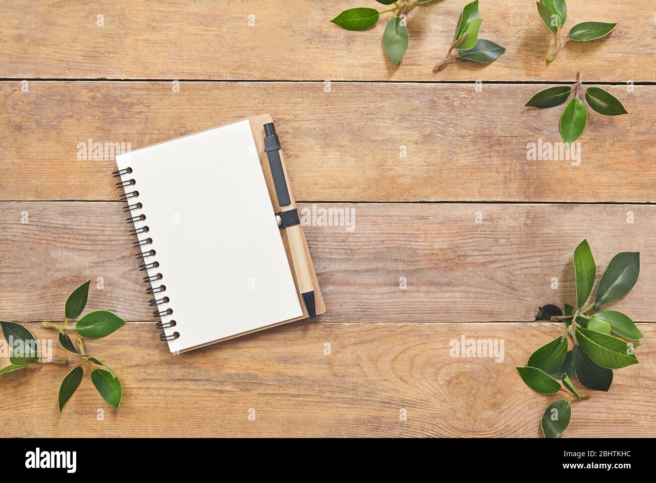 Draufsicht grüne Blätter mit Notizbuch mit Platz für Text auf Holz. Stockfoto