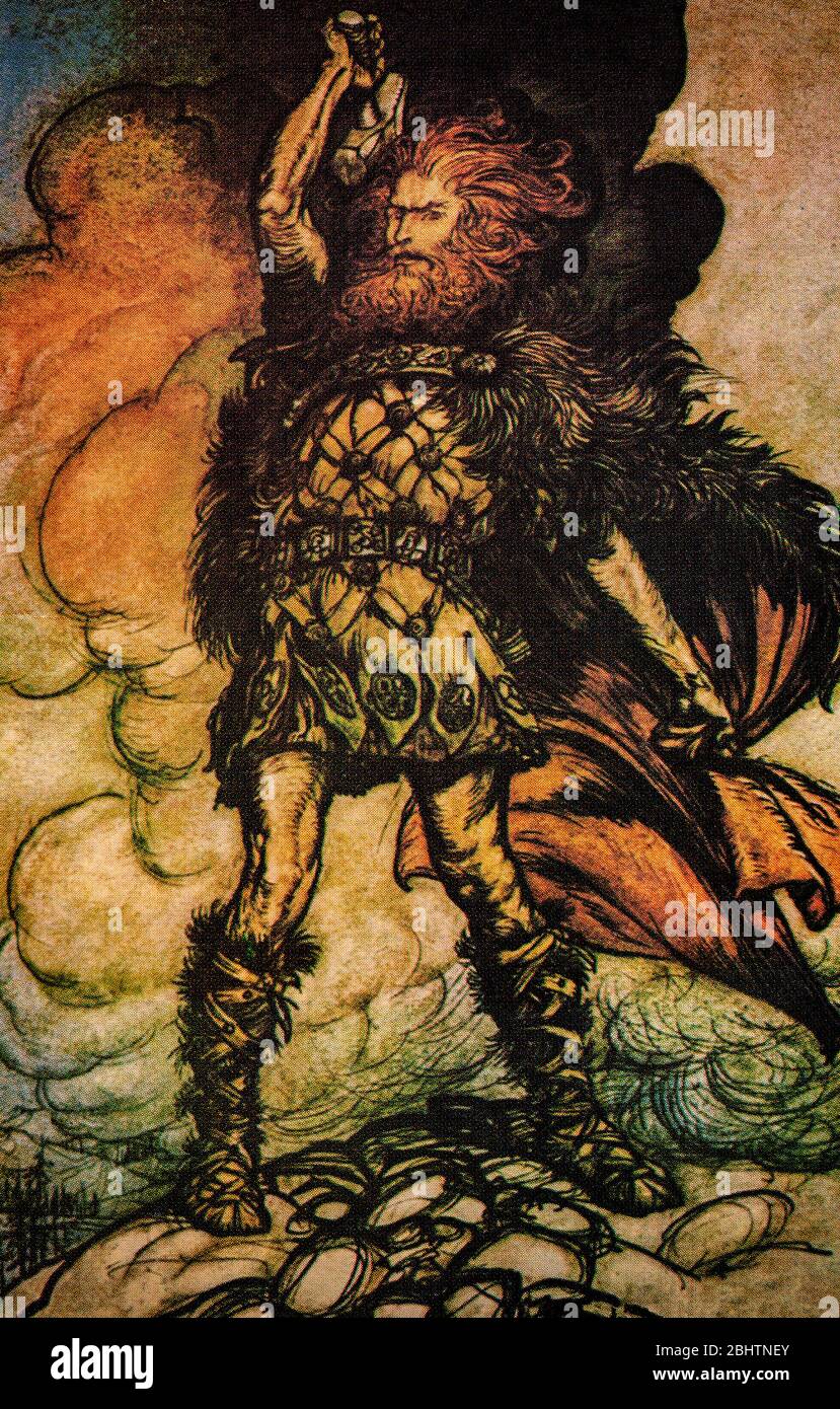 Der norwegische Gott Thor war der Champion der Nordgötter. Er taucht in der germanischen und nordischen Mythologie auf. Aufgenommen aus traditionellem Material aus Skandinavien, liefern die Legenden zahlreiche Geschichten über Thor Stockfoto