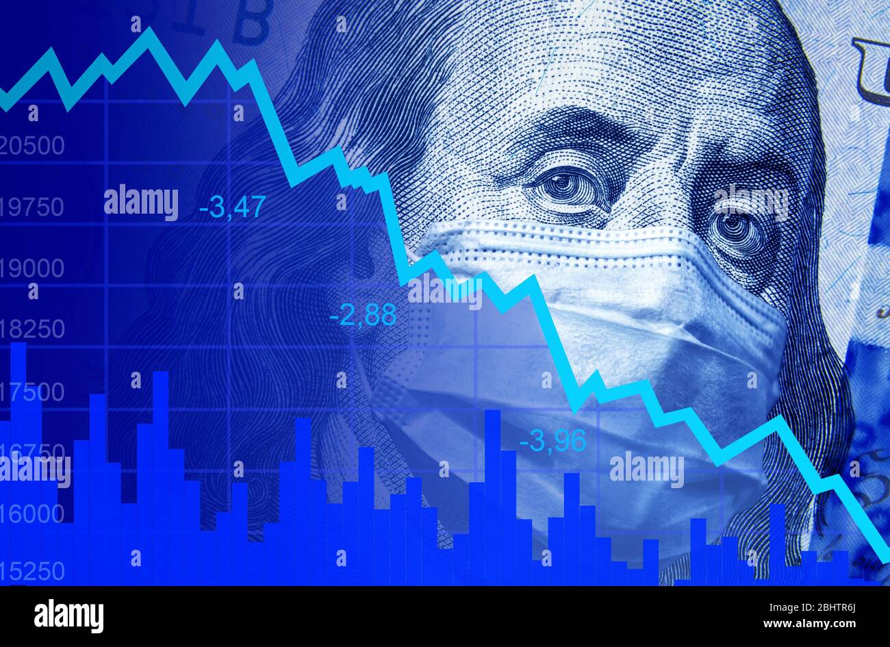 COVID-19 Auswirkungen auf das Geschäft, das Dollargeld und die Grafik des Börsencrashs während der Coronavirus-Pandemie. Die Weltwirtschaft trifft auf ein neuartiges Corona-Virus. Glob Stockfoto