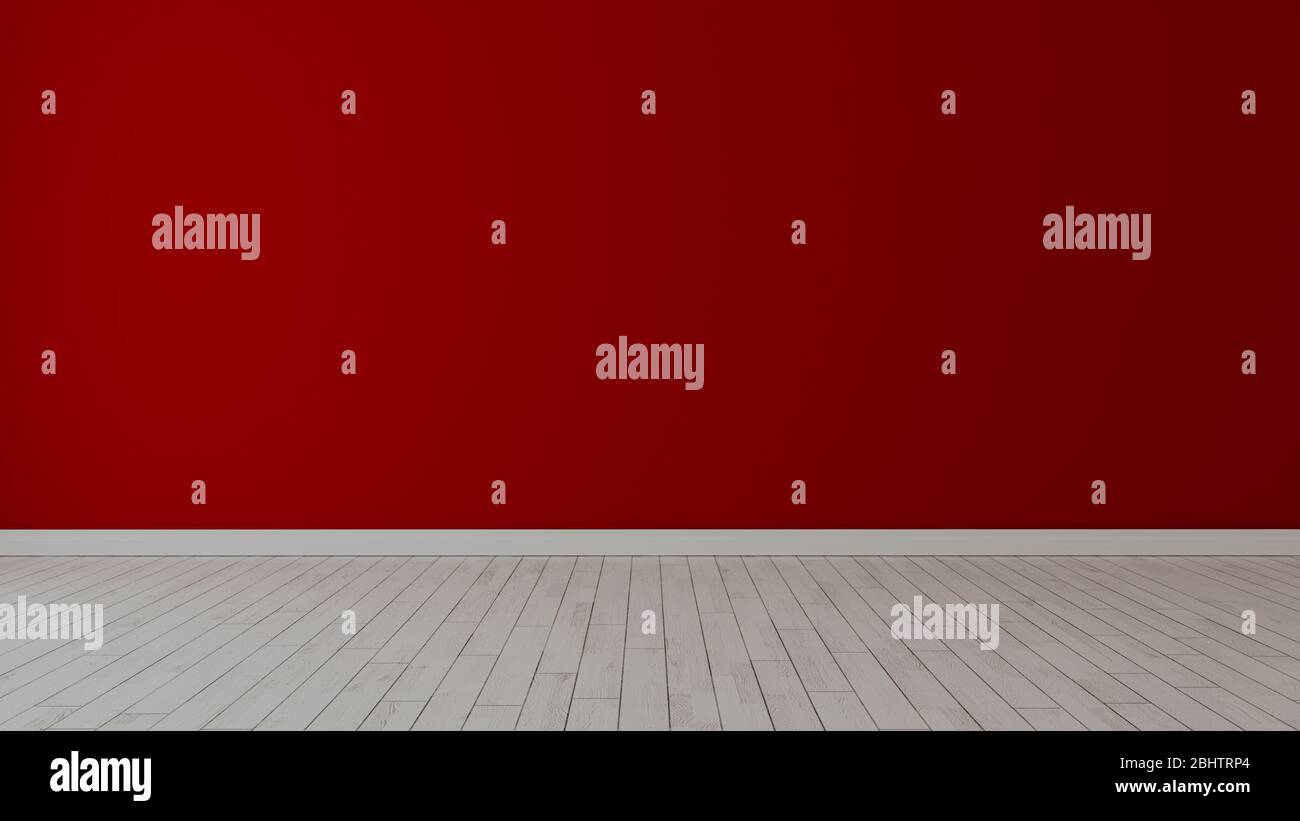 Leeres Zimmer mit rot bemalten Wand und weißem Holzboden realistische 3D-Rendering Stockfoto