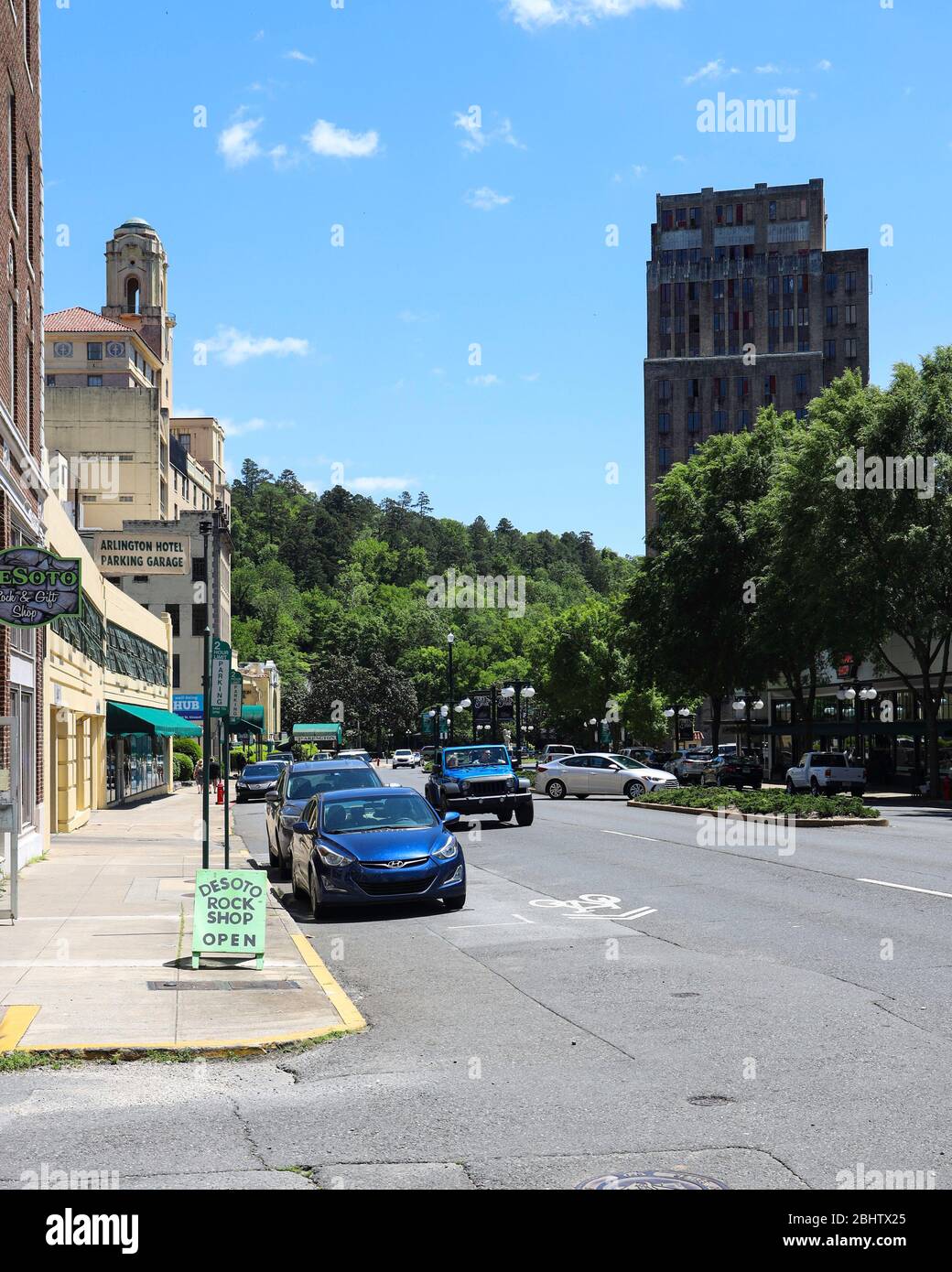 Bathhouse Row (Central Avenue) in der Stadt Hot Springs, Arkansas, Vereinigte Staaten Stockfoto