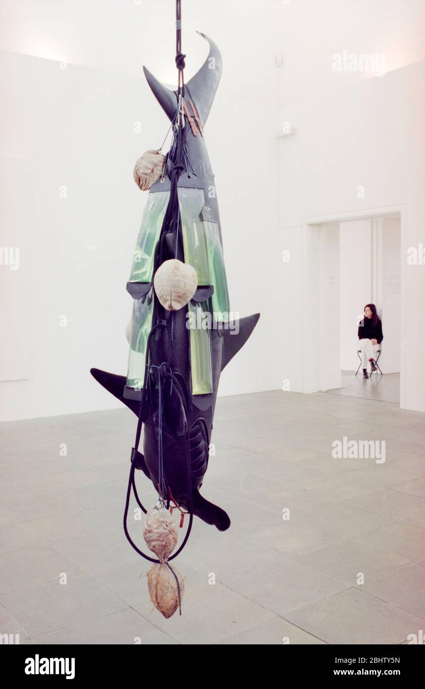 Ashley Bickertons Skulptur eines Gummihais mit dem Titel 'Solomon Shark Island' in der Ausstellung 'Some Went Mad, Some Ran Away' in der Serpentine Gallery, London, 1994. Die Ausstellung wurde von Damien Hirst kuratiert. Stockfoto