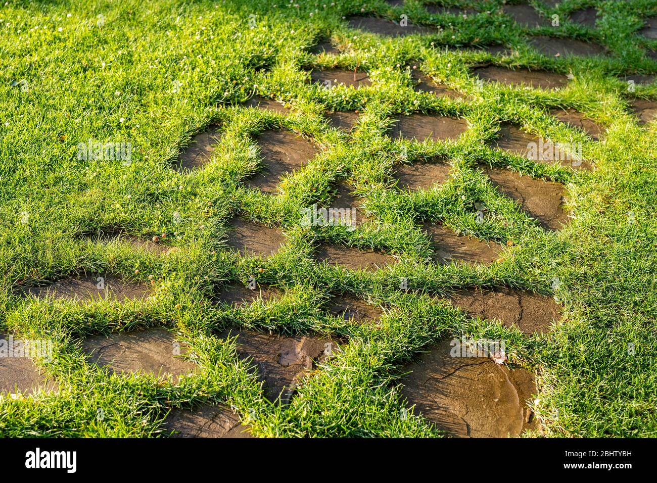 Steinweg Kiesweg in grünen Rasen Straße im Garten oder Hinterhof. Garten- und Landschaftsgestaltung Design Dekoration Service. Natursteinpfad Stockfoto