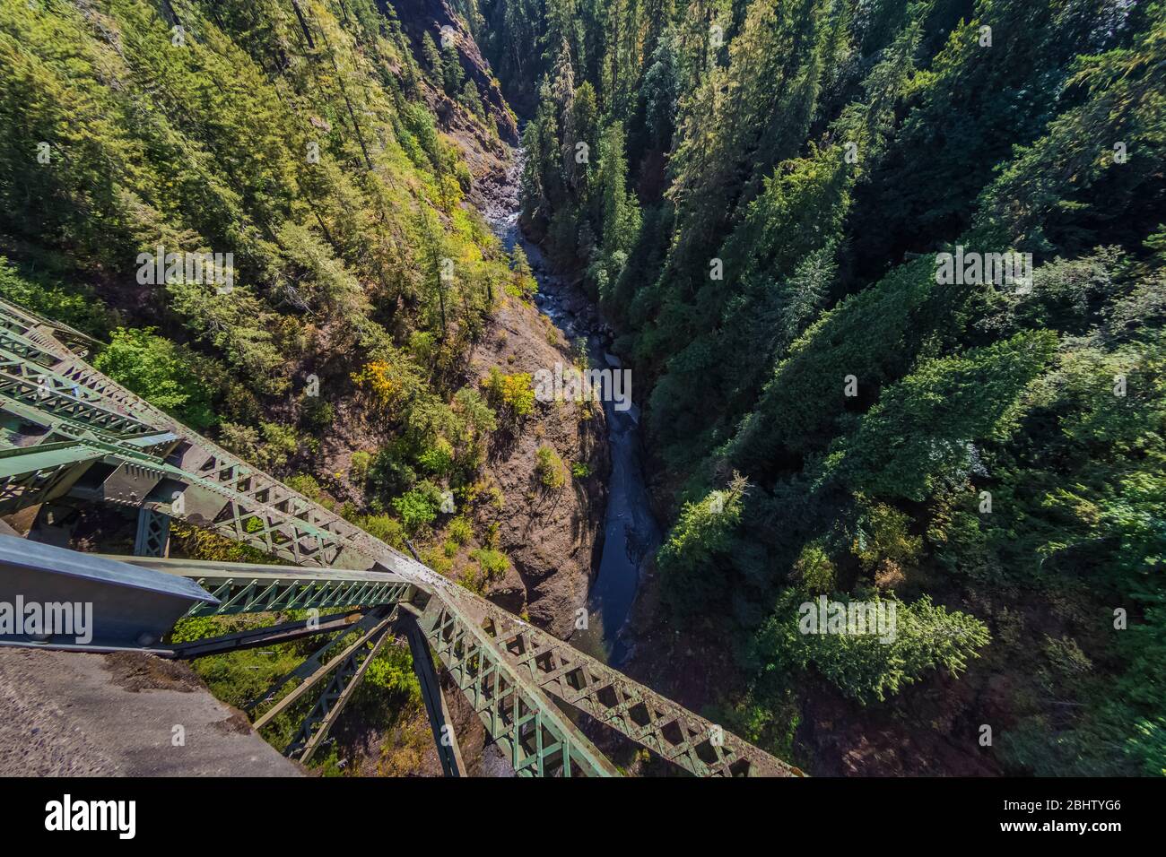 Blick hinunter auf den South Fork Skokomish River von der High Steel Bridge, die ursprünglich für den Holzbau von Zügen gebaut wurde, im Olympic National Forest, Washington State, USA Stockfoto