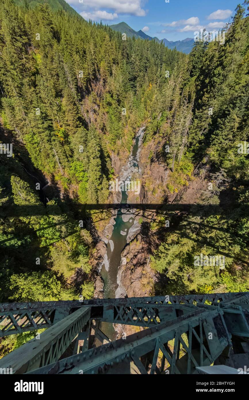 Blick hinunter auf den South Fork Skokomish River von der High Steel Bridge, die ursprünglich für den Holzbau von Zügen gebaut wurde, im Olympic National Forest, Washington State, USA Stockfoto