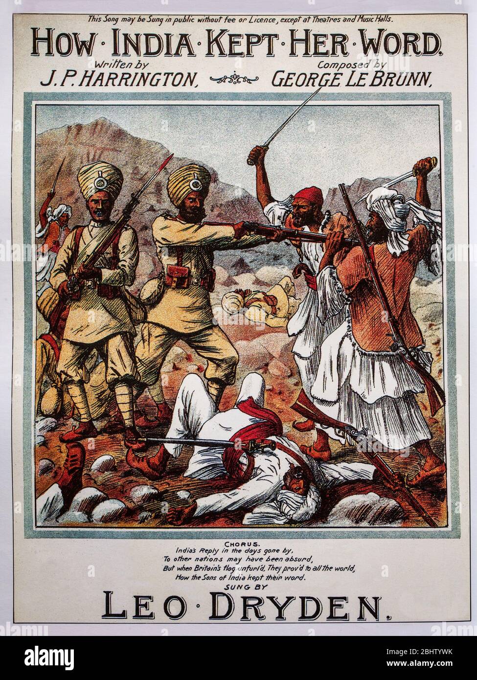 Notencover des 19. Jahrhunderts, das die Loyalität indischer Soldaten unter britischem Kommando während des britischen Raj preist. Stockfoto