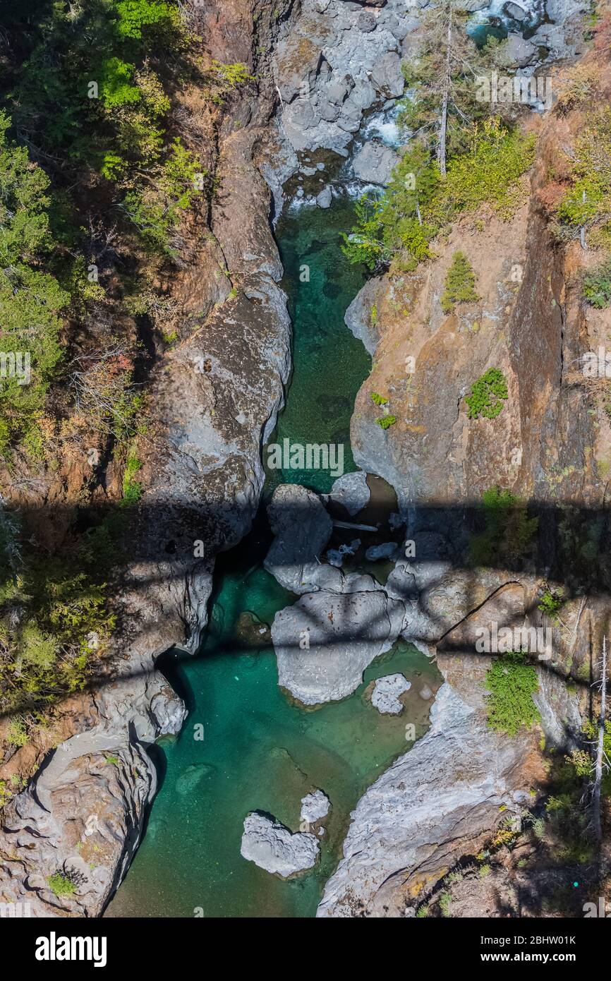 Blick hinunter auf den South Fork Skokomish River von der High Steel Bridge, die ursprünglich für den Holzbau von Zügen gebaut wurde, im Olympic National Forest, Washington State, USA Stockfoto