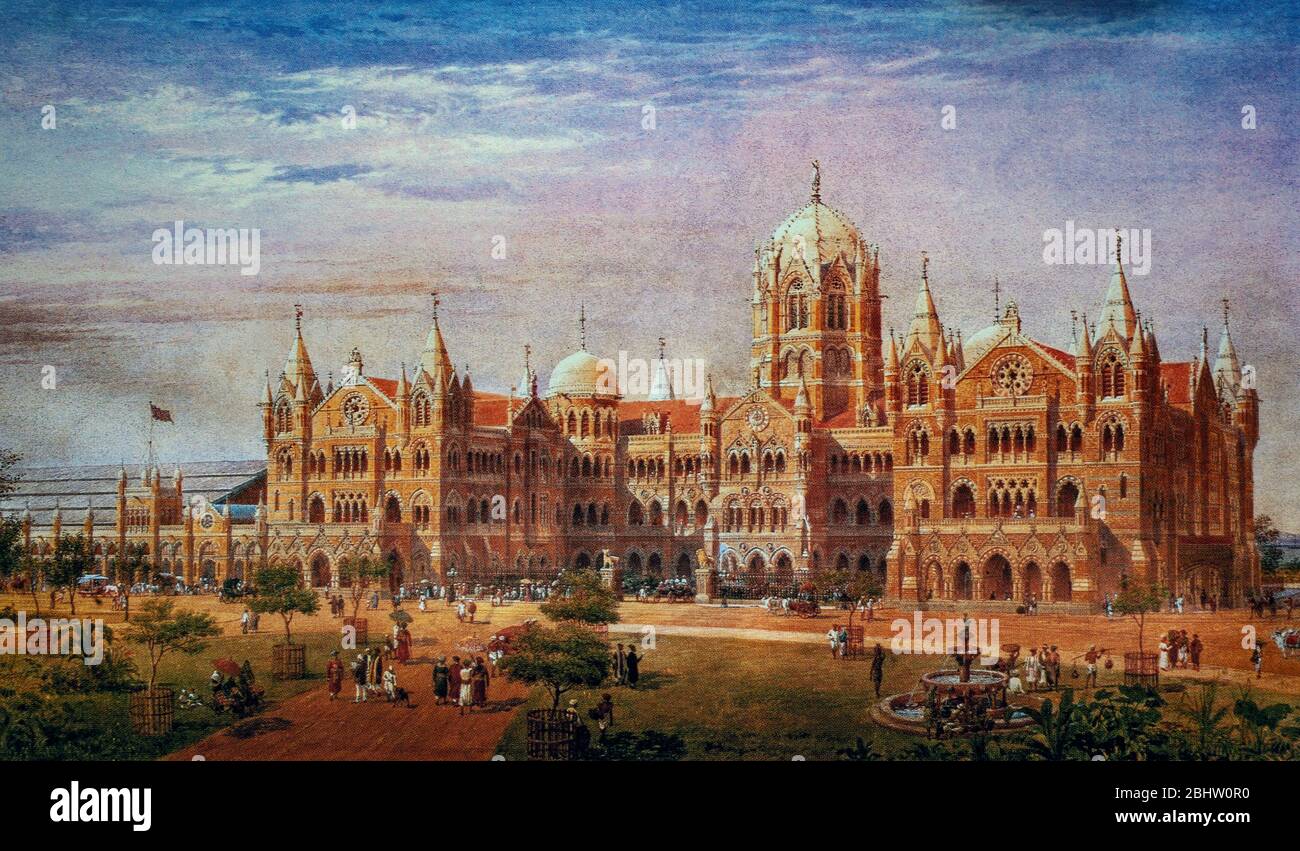 Die Victoria Terminus Station aus dem 19. Jahrhundert in Bombay, heute Chhatrapati Shivaji Terminus in Mumbai, Indien. Der kunstvolle gotische Bahnhof wurde von F.W. entworfen Stevens und gebaut zwischen 1878 und 1887. (Interpret Unbekannt) Stockfoto