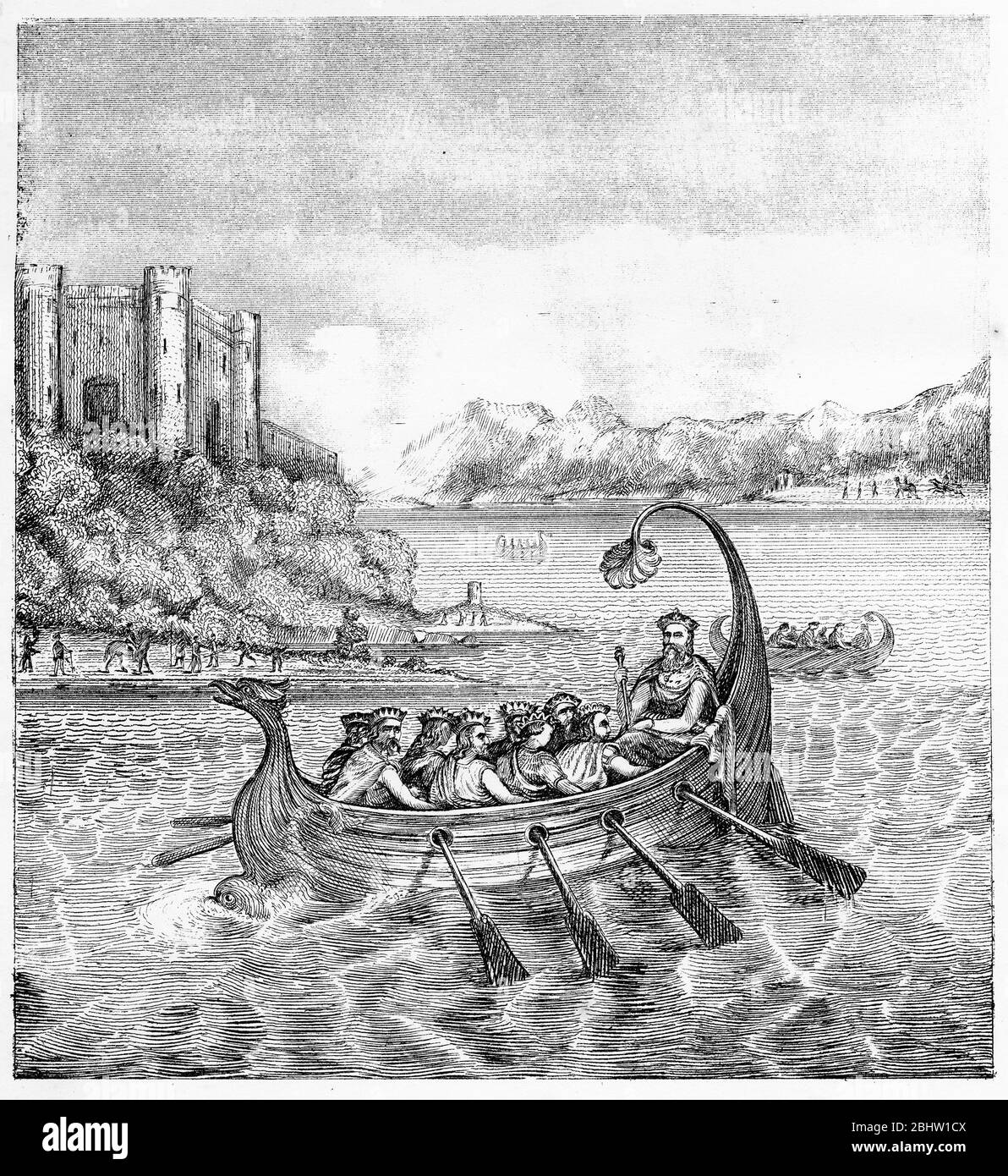 Gravur von Ecgberht (771/775 – 839), auch Egbert, Ecgbert oder Ecgbriht, König von Wessex von 802 bis zu seinem Tod 839 und erster König von England. Hier wird er von acht untergeordneten Königen am Dee River, der traditionellen Grenze zwischen England und Wales, geradert. Stockfoto