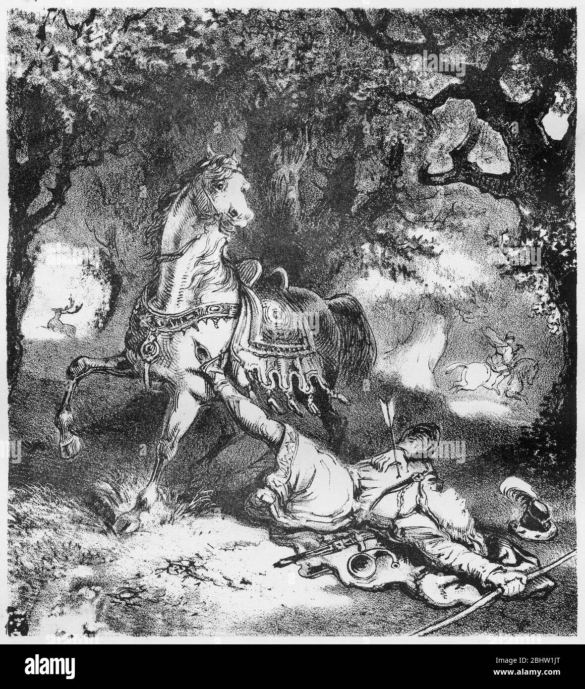 Gravur von König Wilhelm II von England (c. 1056-1100), der bei der Jagd durch einen Pfeil getroffen wurde. Das Bild impliziert, dass der Tod nicht zufällig war. Stockfoto
