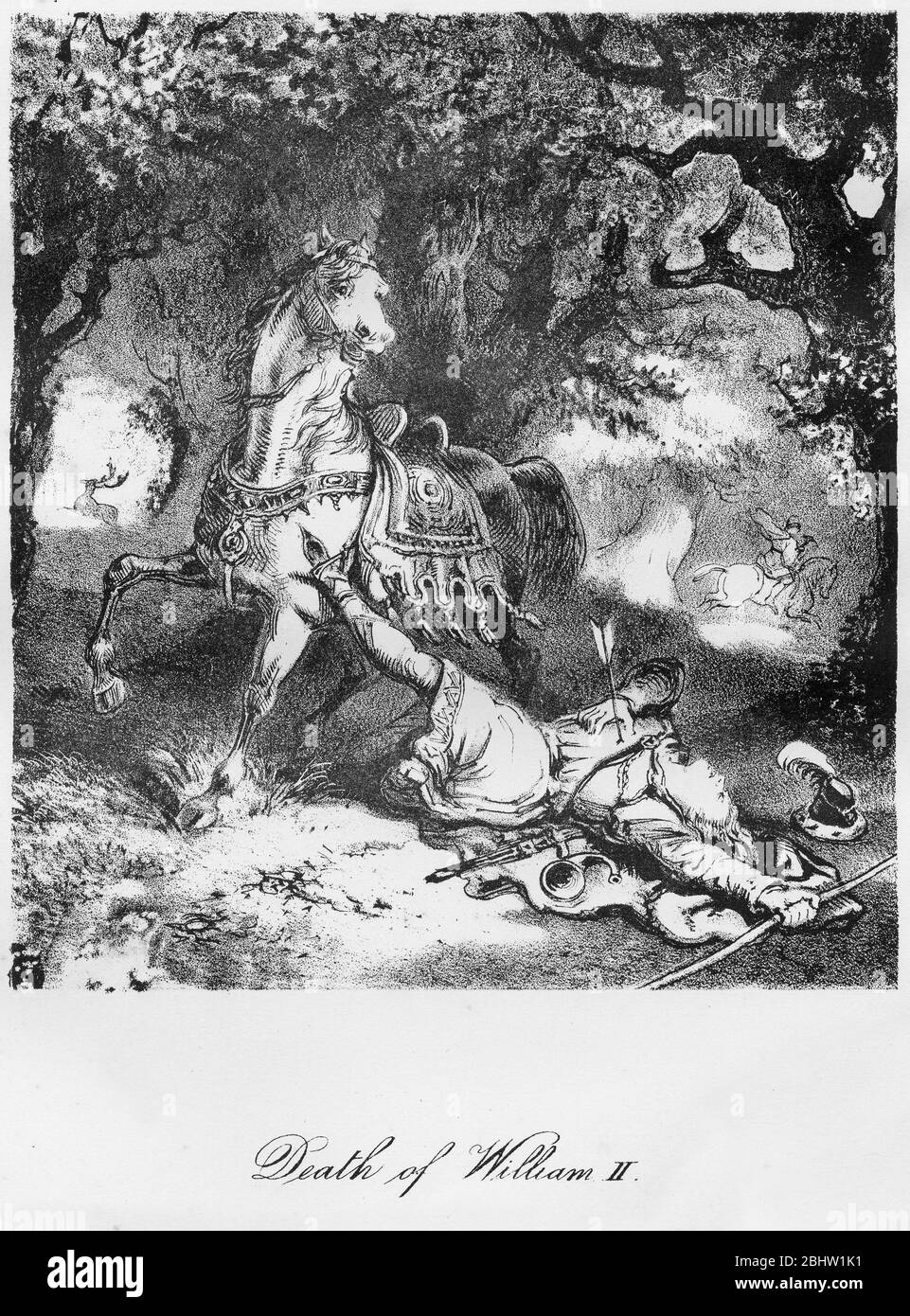 Gravur von König Wilhelm II von England (c. 1056-1100), der bei der Jagd durch einen Pfeil getroffen wurde. Das Bild impliziert, dass der Tod nicht zufällig war. Stockfoto
