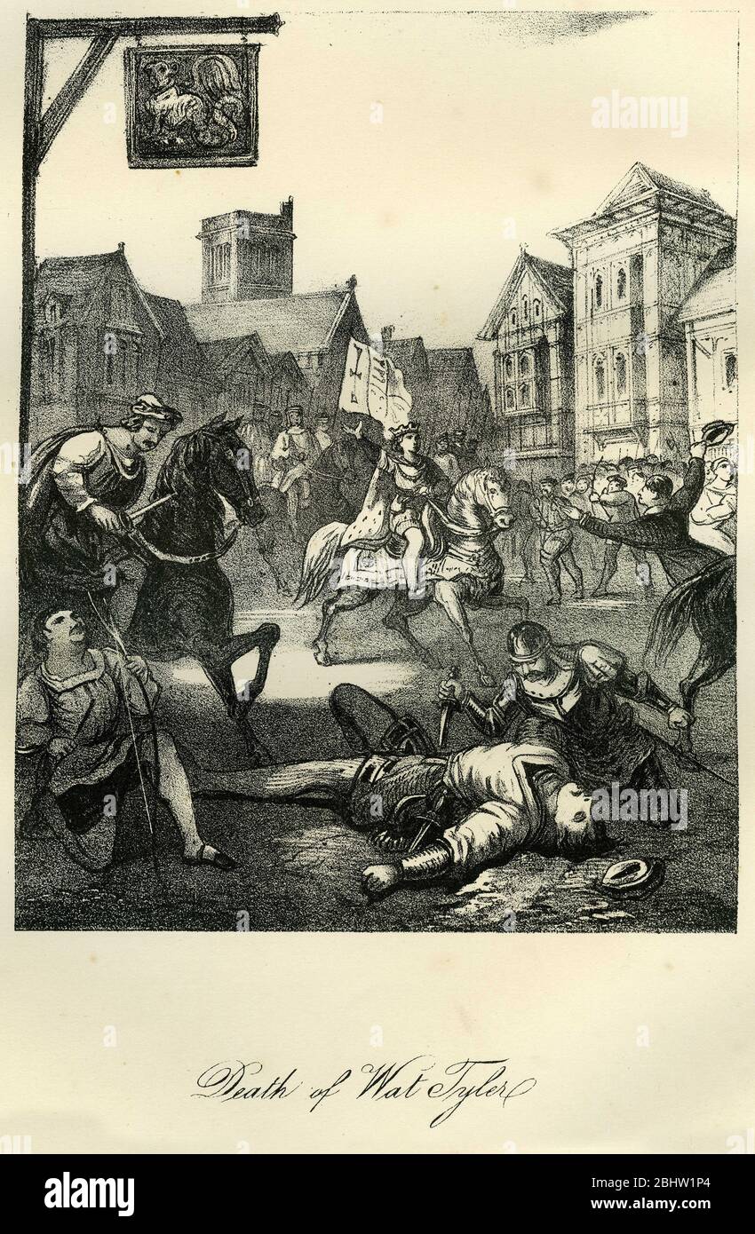 Stich des Todes von Wat Tyler, London, England. Walter 'Wat' Tyler (ca. 1320 - 1381) war ein Führer des Bauernaufstandes von 1381 in England. Er marschierte eine Gruppe von Rebellen von Canterbury in die Hauptstadt, um sich der Einführung einer Umfragesteuer zu widersetzen und wirtschaftliche und soziale Reformen zu fordern. Während die kurze Rebellion frühen Erfolg genoss, wurde Tyler von Offizieren, die König Richard II treu waren, während der Verhandlungen in Smithfield, London getötet. (wikipedia) Stockfoto