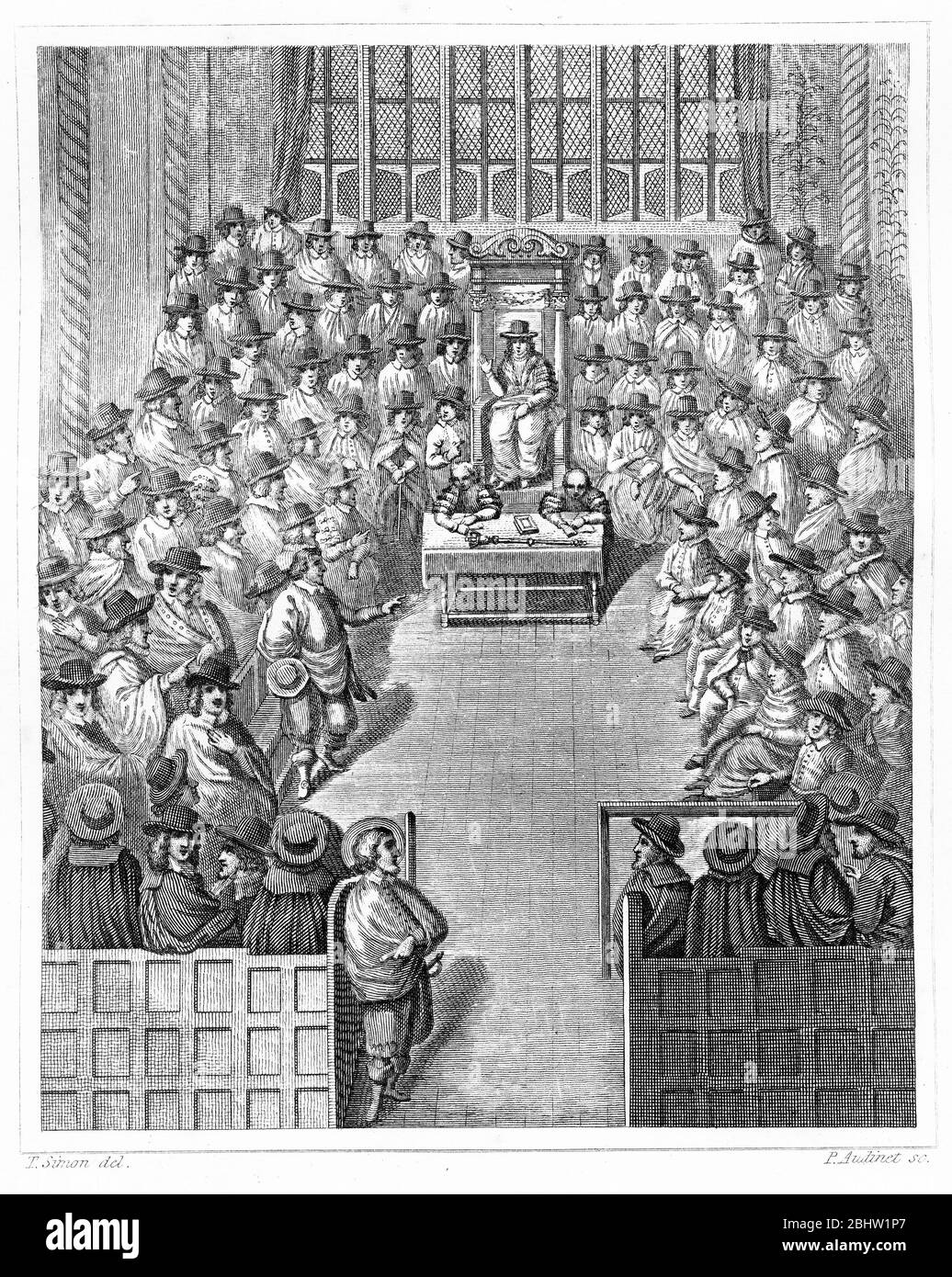 Gravur des Unterhauses, das 1656 sitzt. Das zweite Protektorat-Parlament in England saß vom 17. September 1656 bis zum 4. Februar 1658 für zwei Sitzungen mit Thomas Widdrington als Sprecher des Unterhauses. Das Parlament wurde widerwillig vom Lord Protector Oliver Cromwell auf Rat der Major-Generäle vorgeladen, die das Land als Regionen unter Militärgouverneuren regieren. (Wikipedia) Stockfoto