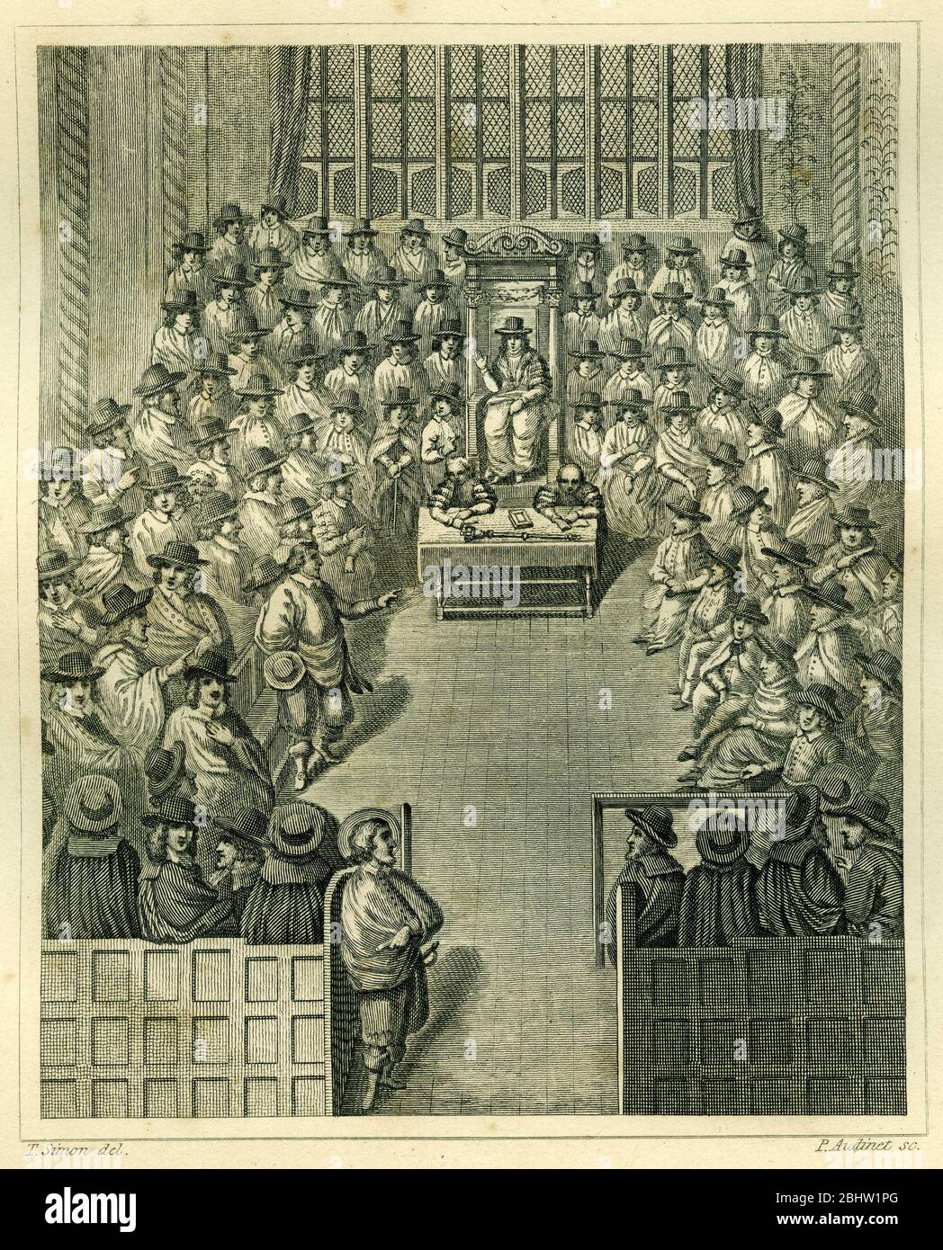 Gravur des Unterhauses, das 1656 sitzt. Das zweite Protektorat-Parlament in England saß vom 17. September 1656 bis zum 4. Februar 1658 für zwei Sitzungen mit Thomas Widdrington als Sprecher des Unterhauses. Das Parlament wurde widerwillig vom Lord Protector Oliver Cromwell auf Rat der Major-Generäle vorgeladen, die das Land als Regionen unter Militärgouverneuren regieren. (Wikipedia) Stockfoto