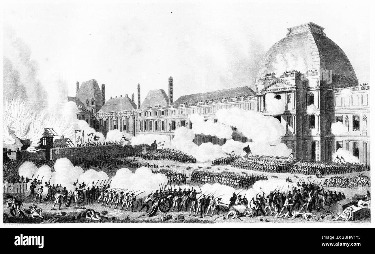 Gravur des Angriffs der Französischen Revolution auf den Tuilerienpalast in Paris, 1792, als die Schweizer Garde massakriert wurde und König Ludwig XVI. Um sein Leben floh Stockfoto