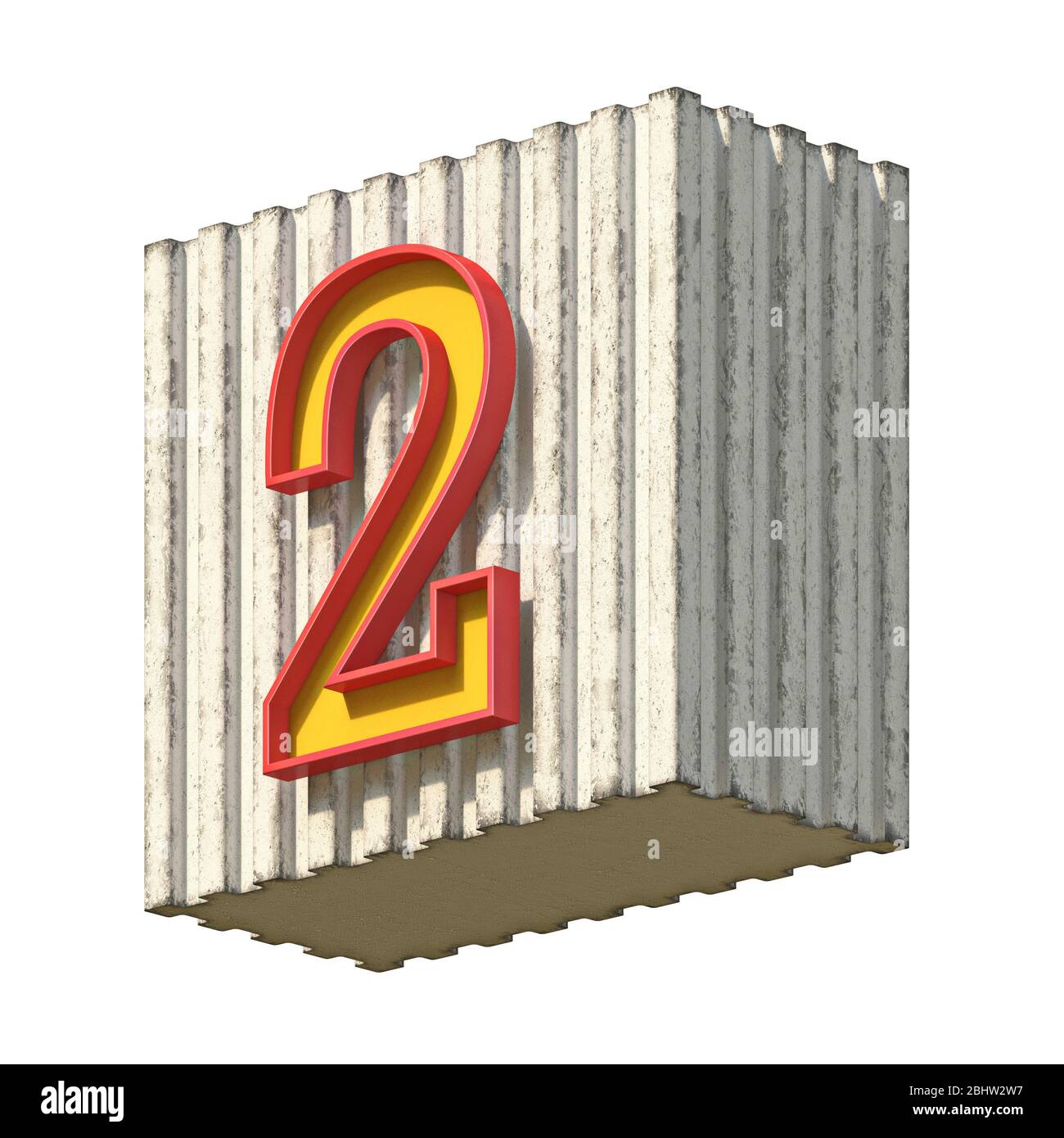 Vintage Beton rot gelb Nummer 2 3D Render Illustration isoliert auf weißem Hintergrund Stockfoto