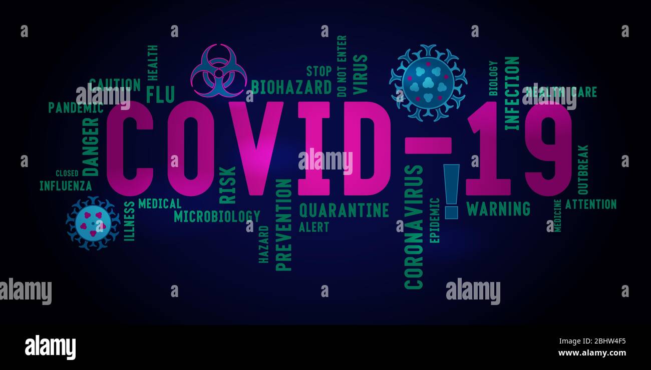 Covid-19 Wort Tag Wolke Schriftzug Typografie auf einem dunklen Hintergrund. Lebendige Schlüsselwörter zum Thema der Bekämpfung von Virusinfektionen. Stock Vektor