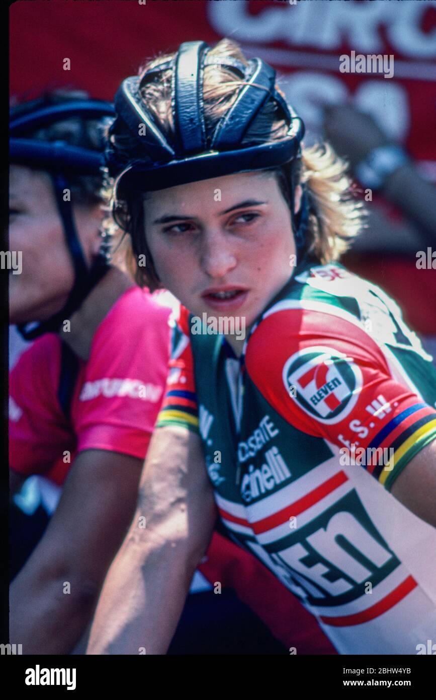 Rebecca Twigg, Mitglied des 7-11-Damen-Radteams beim Coors International Bicycle Classic Radrennen am 15. August 1985 in Boulder, CO. Foto von Francis Specker Stockfoto