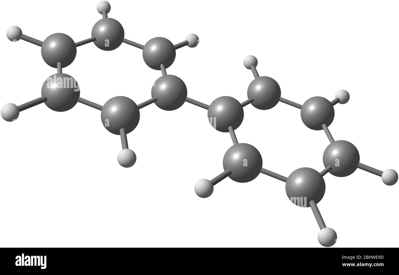 Biphenyl (oder Diphenyl) ist eine organische Verbindung, die farblose Kristalle bildet. Es hat einen unverwechselbaren angenehmen Geruch. Stockfoto