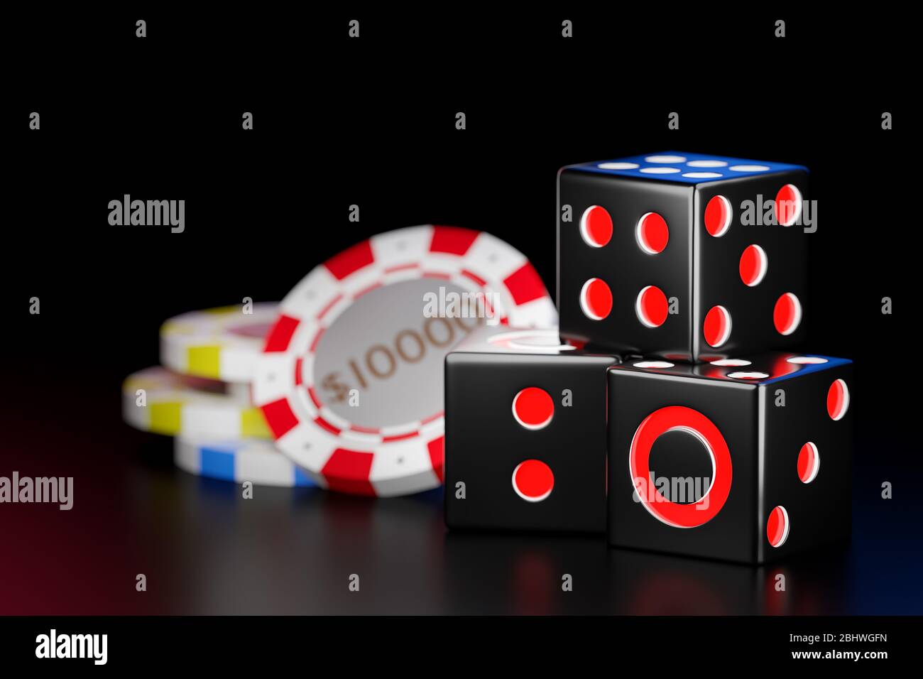 Würfel schwarz Würfel Stapel im dunklen Hintergrund. Casino Chips werden verwendet, um Geld im Spiel Craps zu repräsentieren. Ideen für Glück und Risiko im Bett Stockfoto