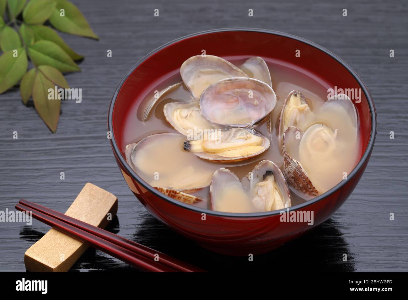 Japanische Miso-Suppe mit asari-Muscheln in einer Schüssel auf schwarzem Hintergrund Stockfoto