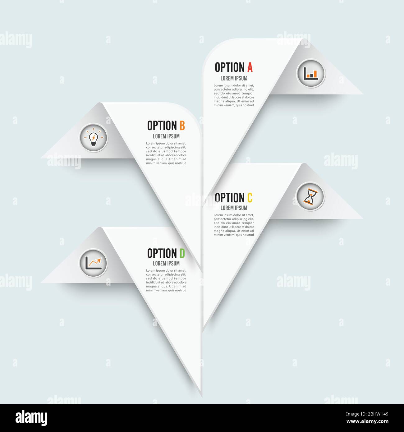 Vektor-Infografik-Vorlage mit 3D-Papieretikett, integrierte Kreise. Geschäftskonzept mit 4 Optionen. Für Inhalt, Diagramm, Flussdiagramm, Schritte, Teile. Stock Vektor