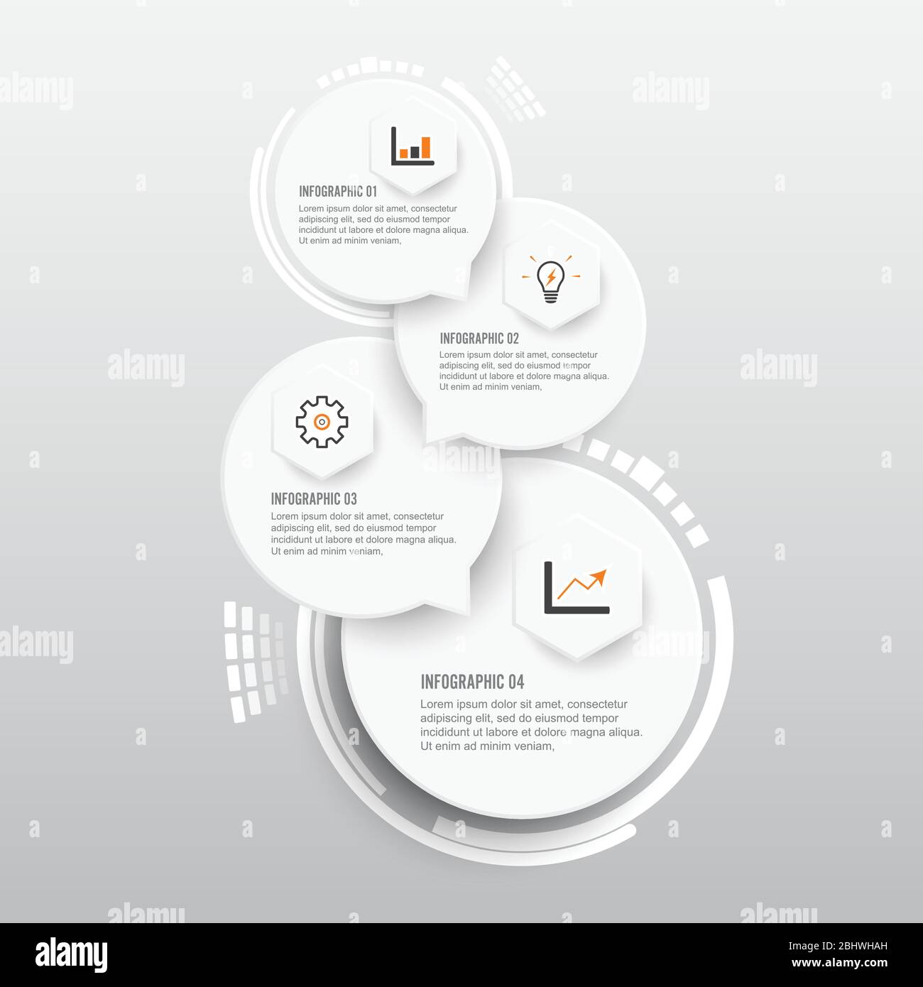 Vektor-Infografik-Vorlage mit 3D-Papieretikett, integrierte Kreise. Geschäftskonzept mit 4 Optionen. Für Inhalt, Diagramm, Flussdiagramm, Schritte, Teile. Stock Vektor