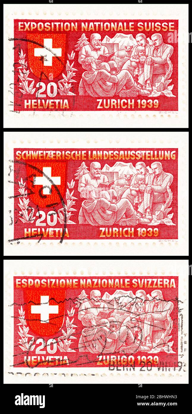 SEATTLE WASHINGTON - 27. April 2020: Briefmarken mit Schweizer Familie im Freien, herausgegeben in französischer, deutscher und italienischer Sprache. Scott # 248, 251, 254 Stockfoto