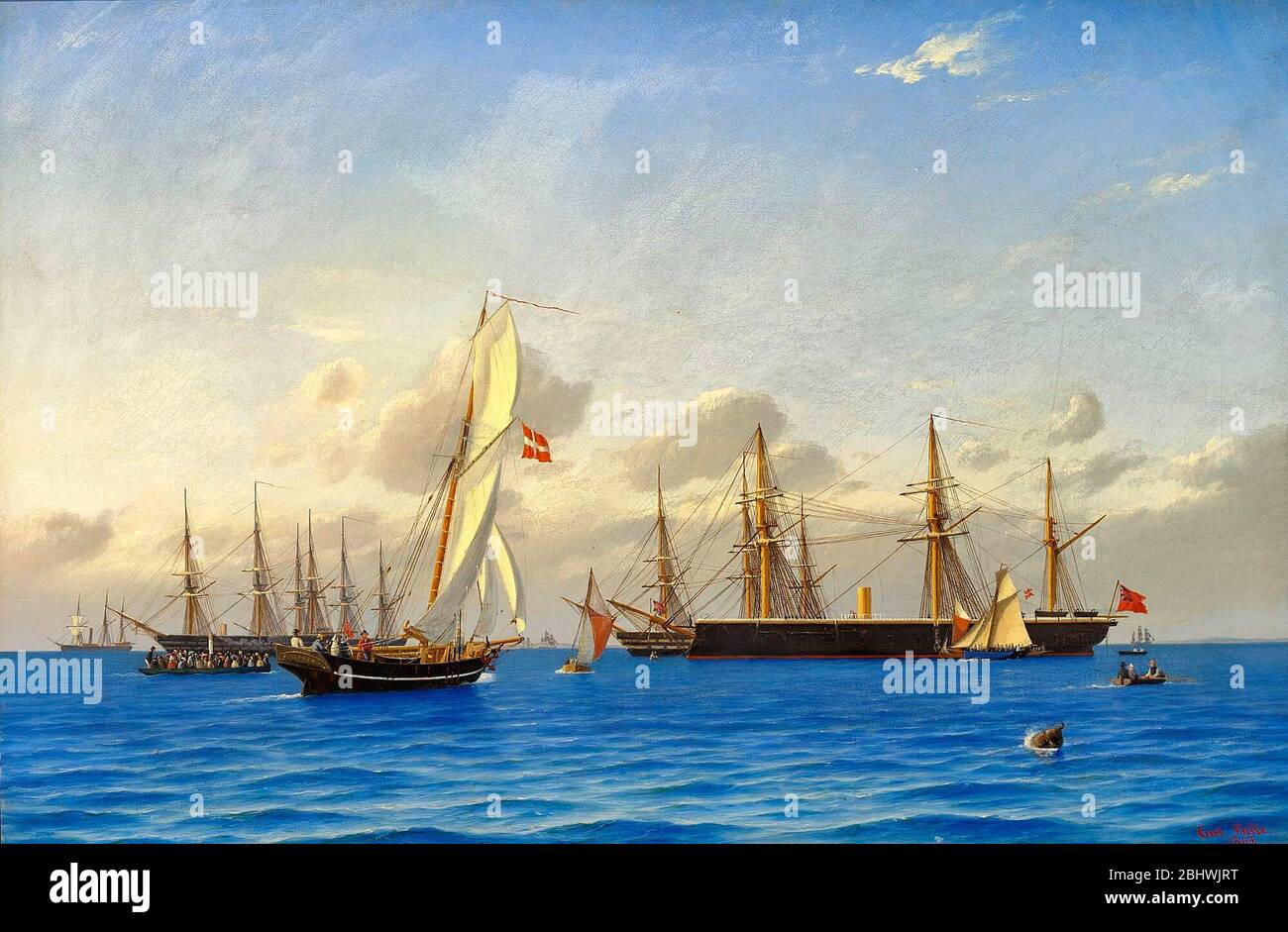 Die Kanalflotte in Kopenhagen 1862 - Carl Bille, 1863 - das schwarze Schiff in der Mitte ist HMS Defense und andere große Schiffe, darunter das Flaggschiff HMS Revenge und HMS Trafalgar. Der dänische König Frederik VII. Besuchte die Schiffe am 30. August 1862 Stockfoto