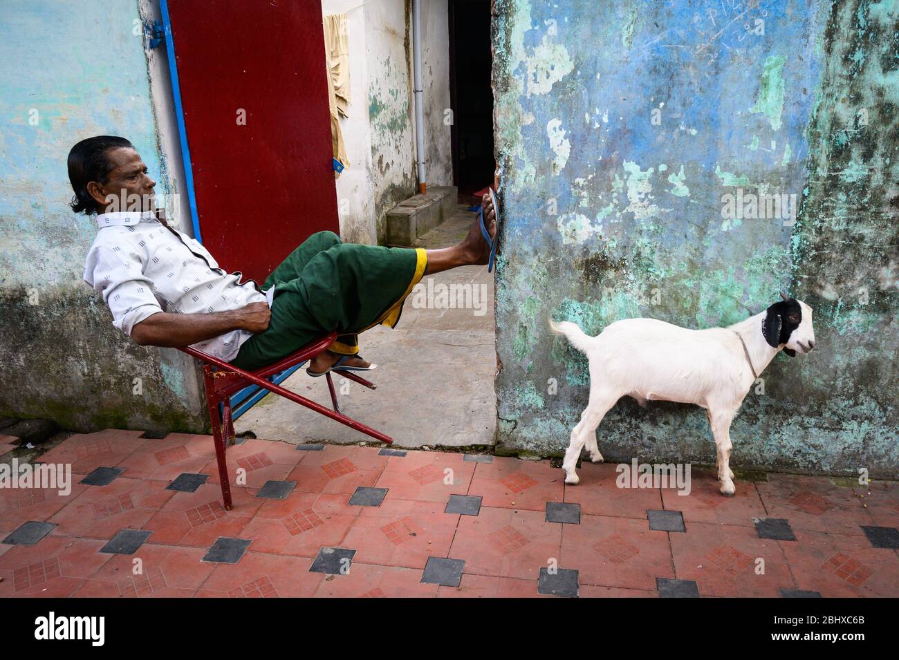 Ein Mann und eine Ziege vor seinem Haus, Kochi, Indien Stockfoto