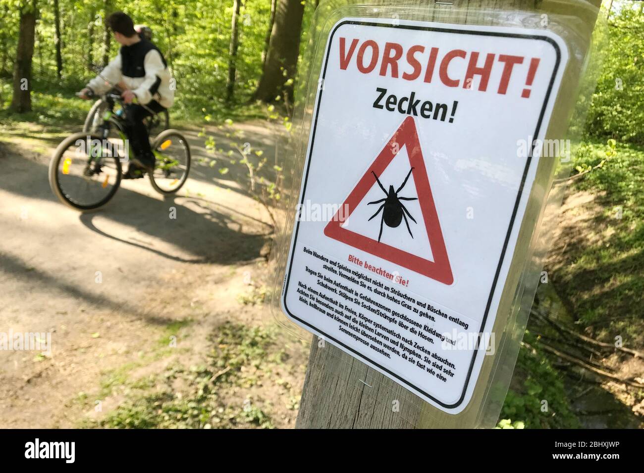Hannover, Deutschland. April 2020. Ein Schild warnt vor Zecken in einem Wald. Vorsicht vor Zeckenbissen ist bundesweit geboten, so das niedersächsische Landesgesundheitsamt. Nach dem milden Winter ist "ein Anstieg der Zeckenpopulation in diesem Jahr prinzipiell möglich". In Niedersachsen ist nur noch der Landkreis Emsland als Risikogebiet für die durch Zecken übertragene Frühsommer-Meningoenzephalitis (FSME) eingestuft. (To dpa 'Keine neuen Tick-Risikogebiete in Niedersachsen') Quelle: Julian Stratenschulte/dpa/Alamy Live News Stockfoto