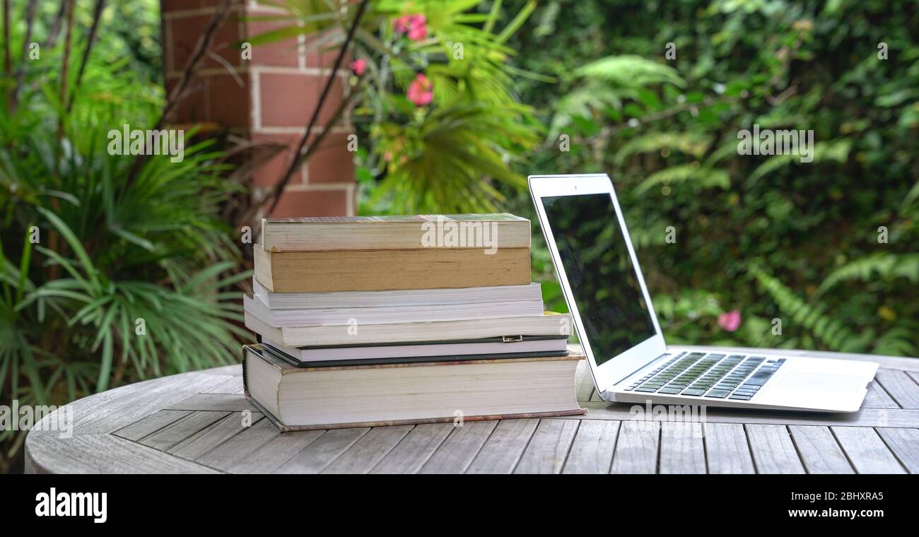 Gestapelt Bücher neben Computer-Laptop. Gartenblick. Online-Bildungskonzept. Stockfoto