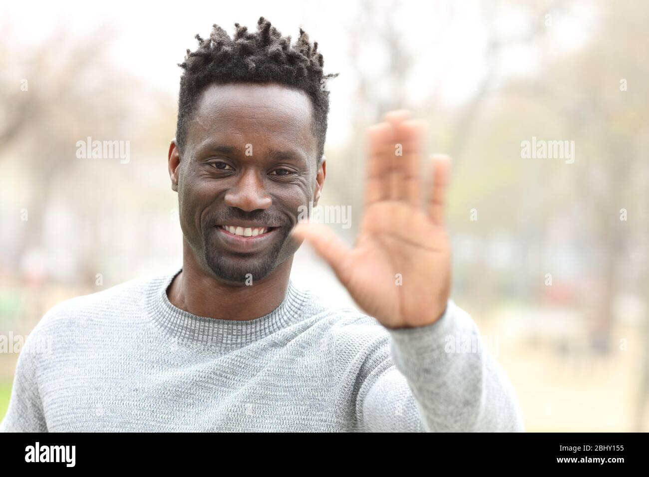 Fröhlicher schwarzer Mann winkt Hand auf Hallo Geste Blick auf Kamera in einem Park stehen Stockfoto